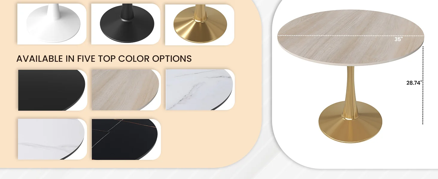 Bristol 35" round dining table Gold base with marbled MDF top