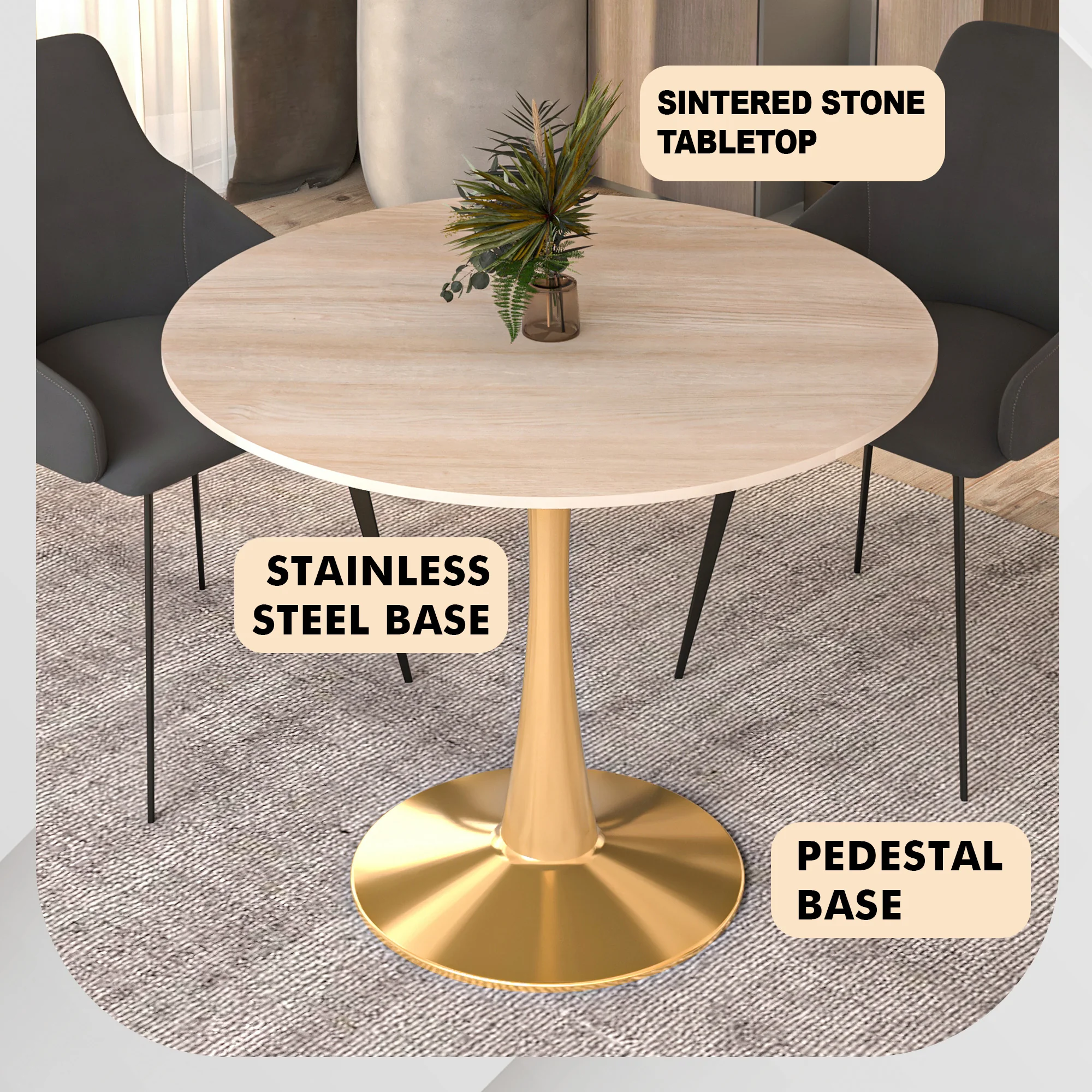 Bristol 35" Round Dining Table Gold Base with Sintered Stone Natural Wood Top