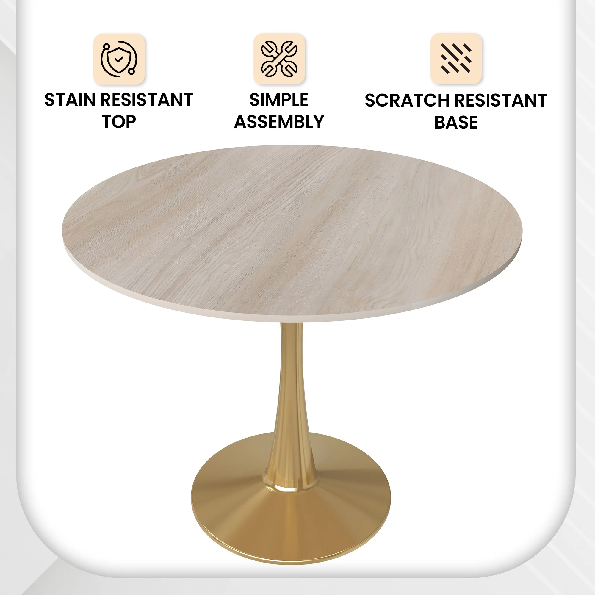 Bristol 35" Round Dining Table Gold Base with Sintered Stone Natural Wood Top