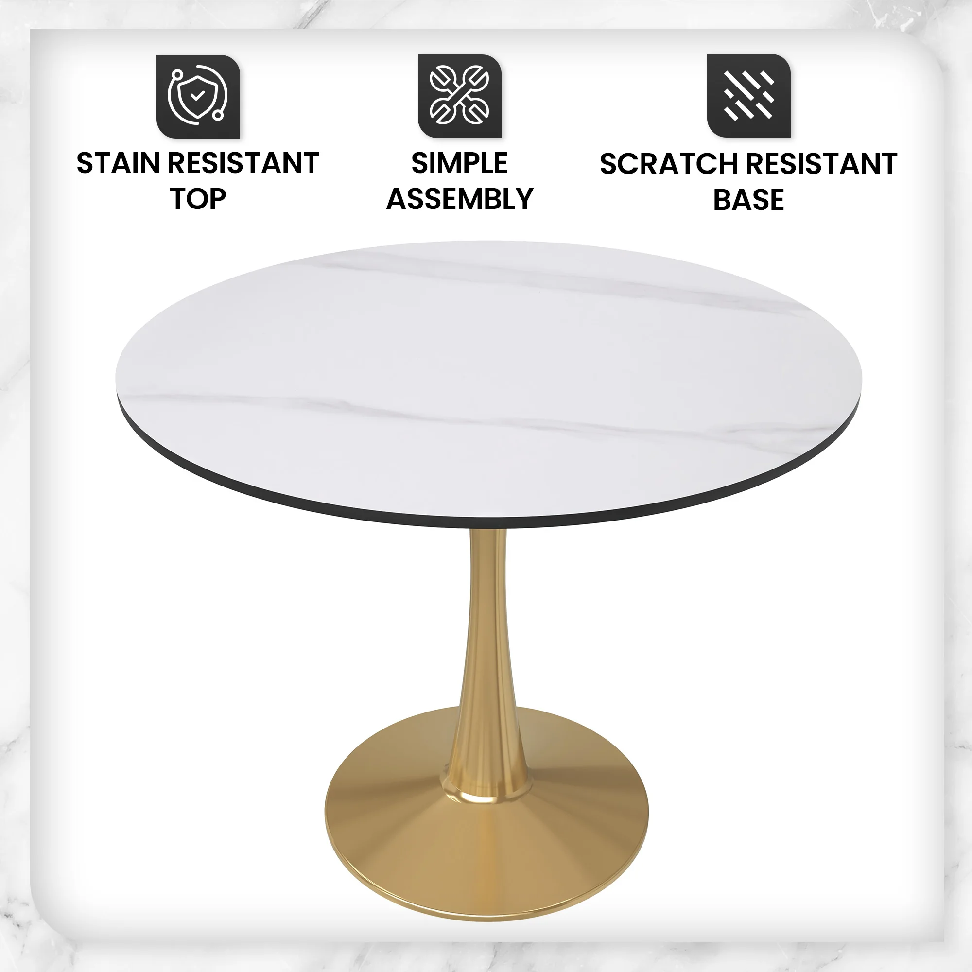 Bristol 35" round dining table Gold base with White Sintered stone Top