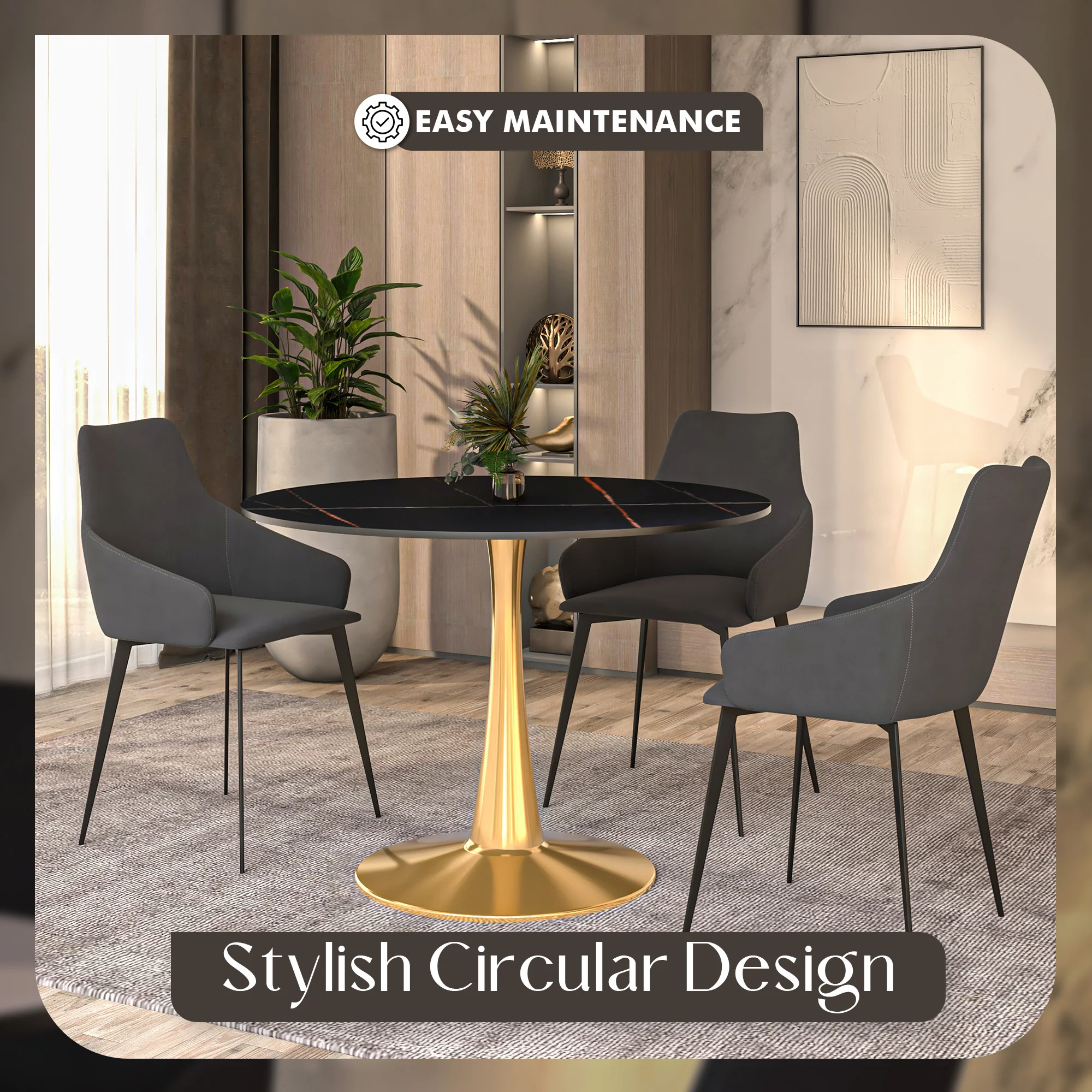 Bristol 40" round dining table Gold base with Black Sintered stone Top
