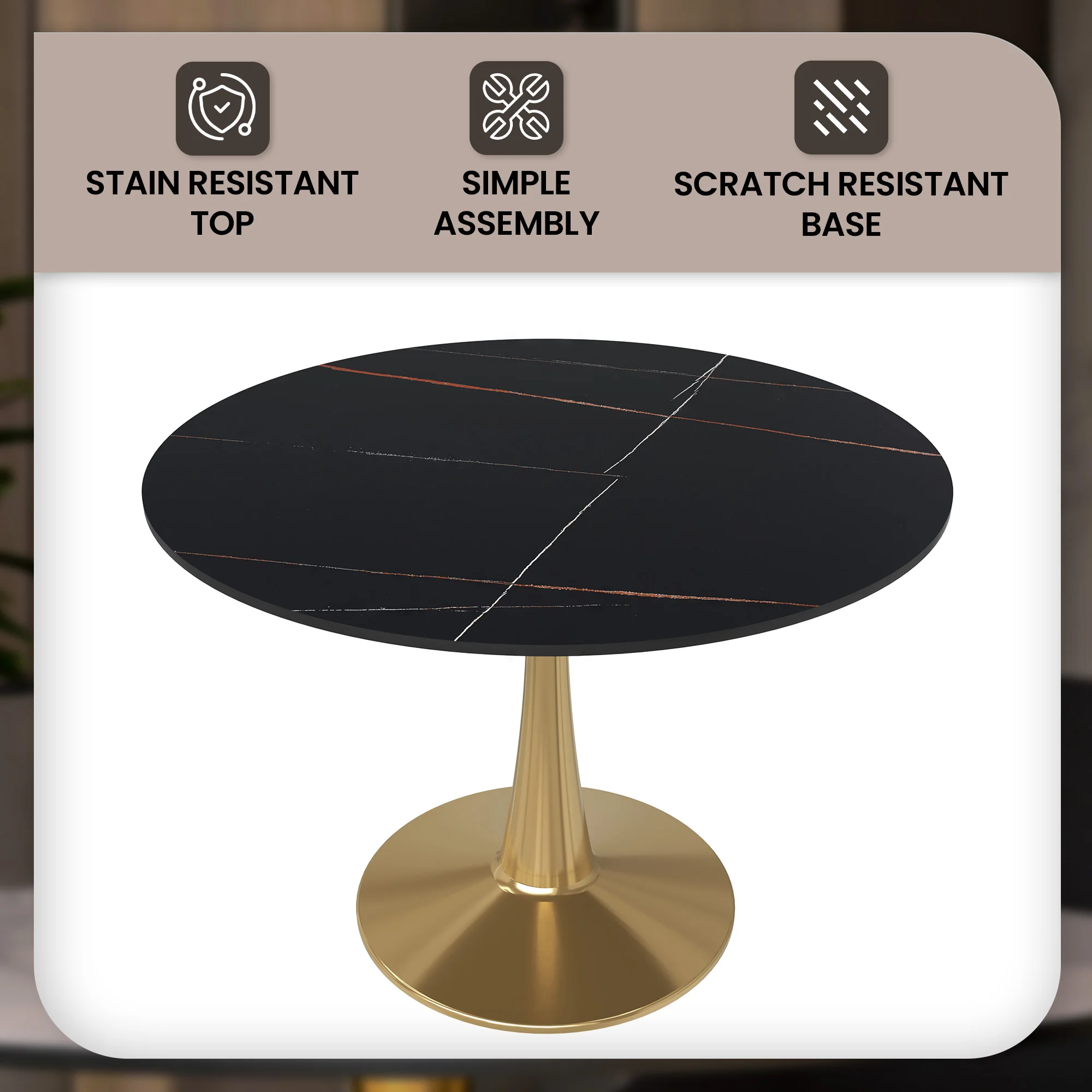 Bristol 40" round dining table Gold base with Black Sintered stone Top