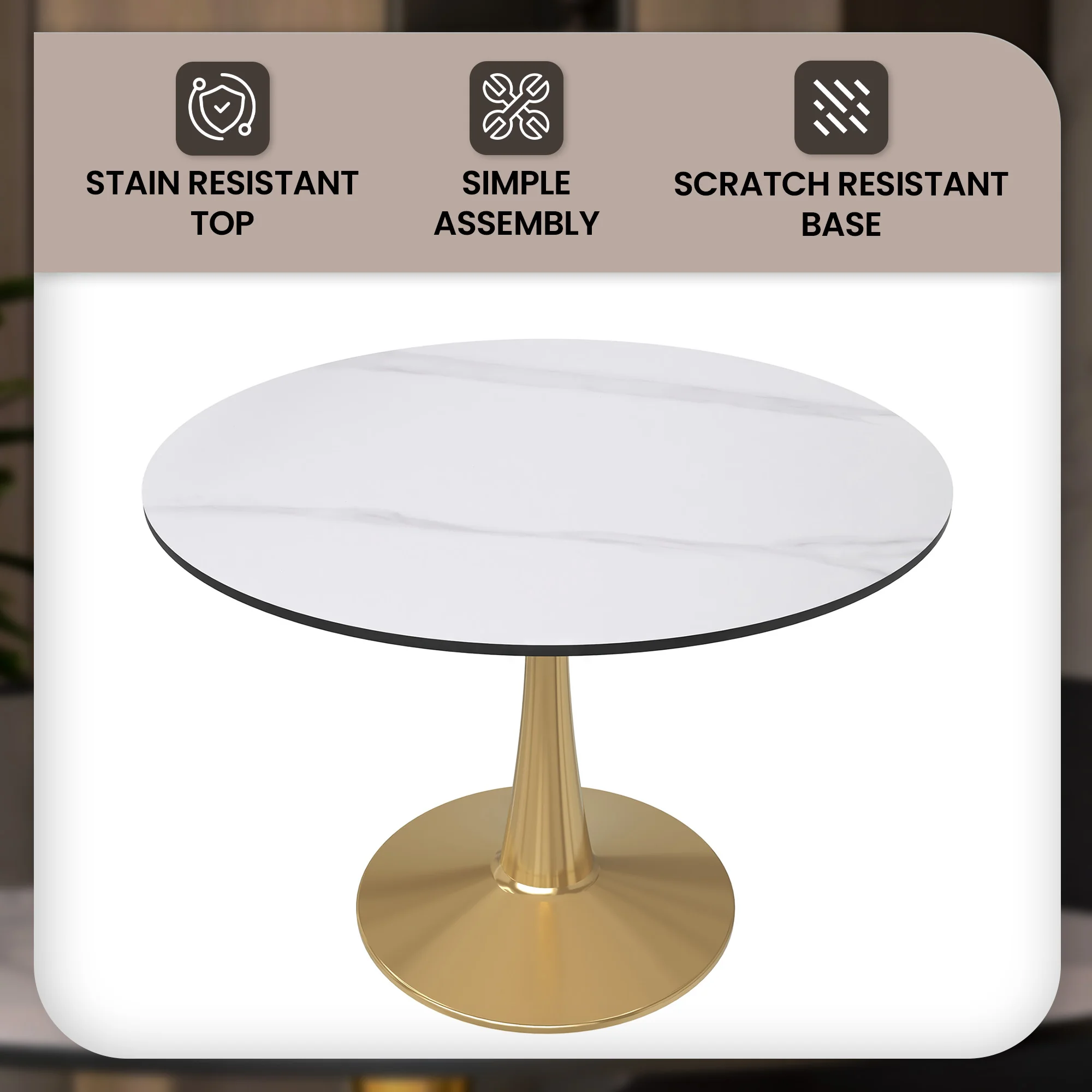 Bristol 40" round dining table Gold base with White Sintered stone Top