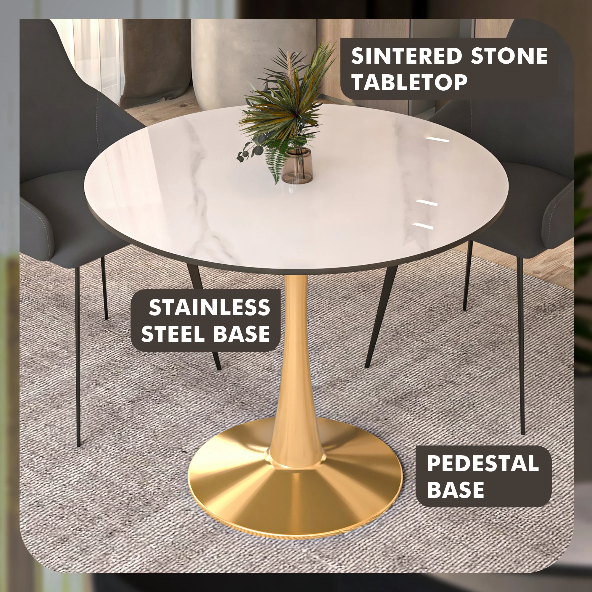 Bristol 40" round dining table Gold base with White Sintered stone Top