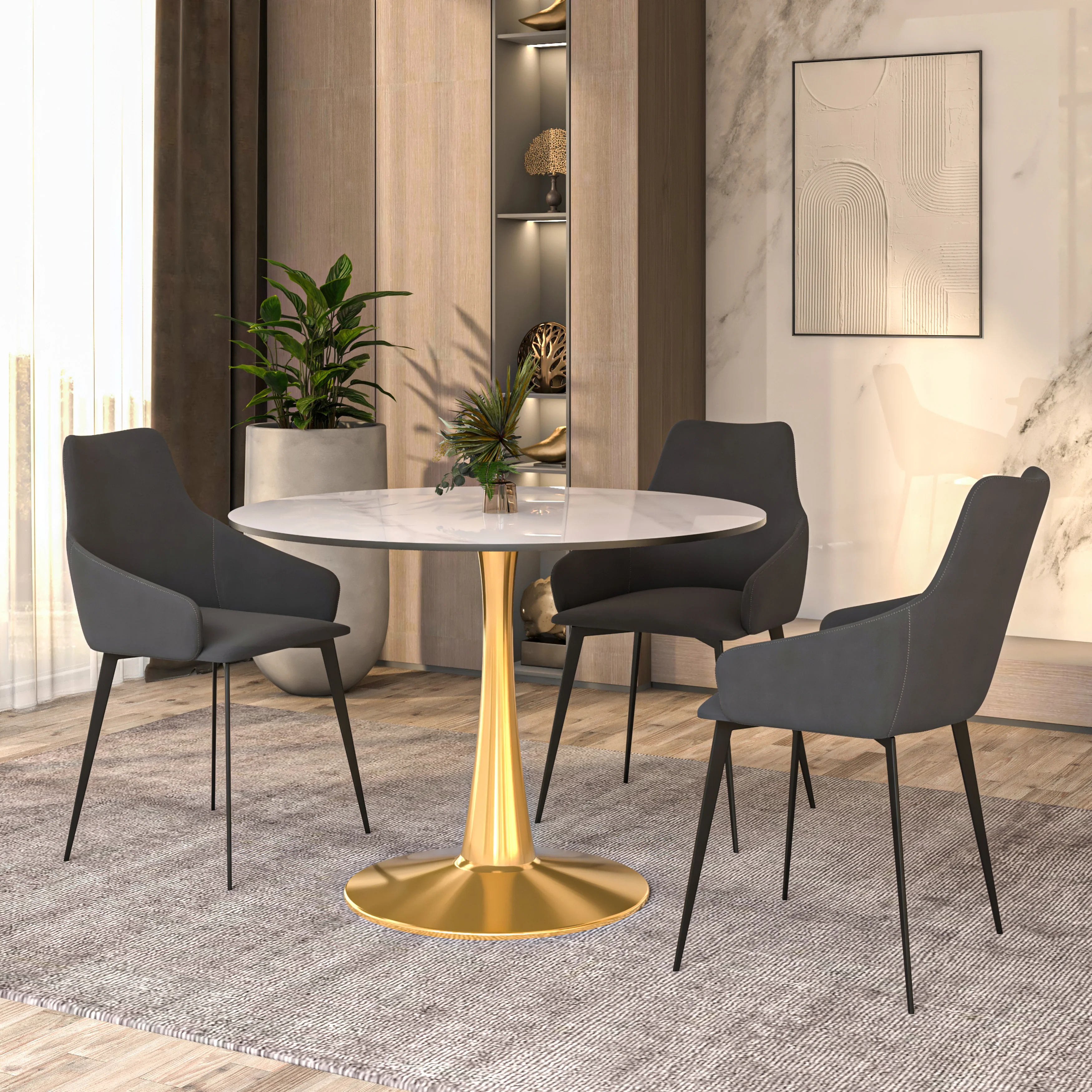 Bristol 40" round dining table Gold base with White Sintered stone Top
