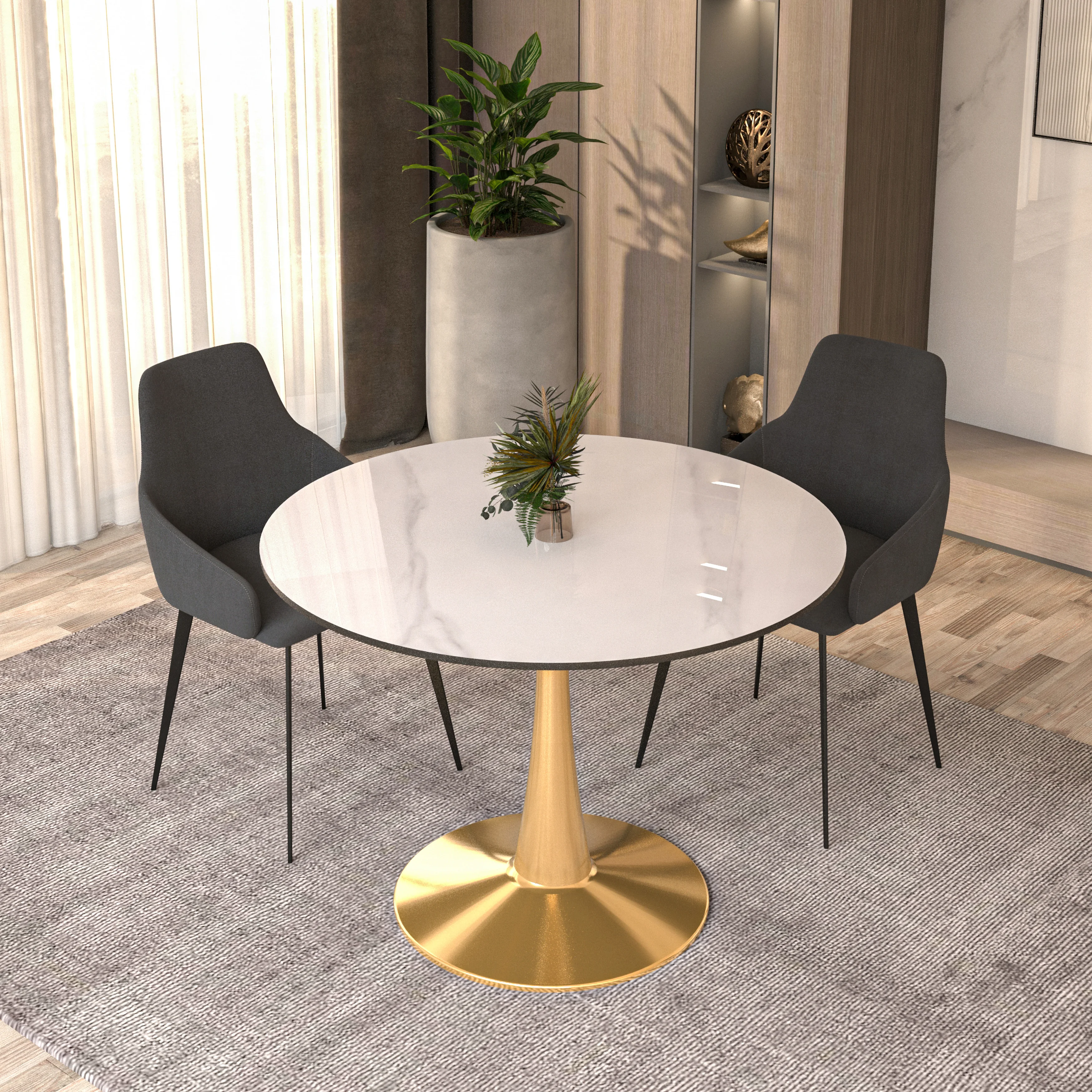 Bristol 40" round dining table Gold base with White Sintered stone Top