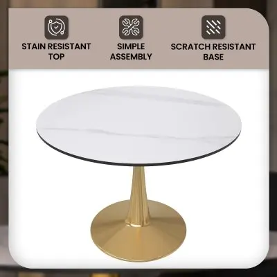 Bristol 40" round dining table Gold base with White Sintered stone Top