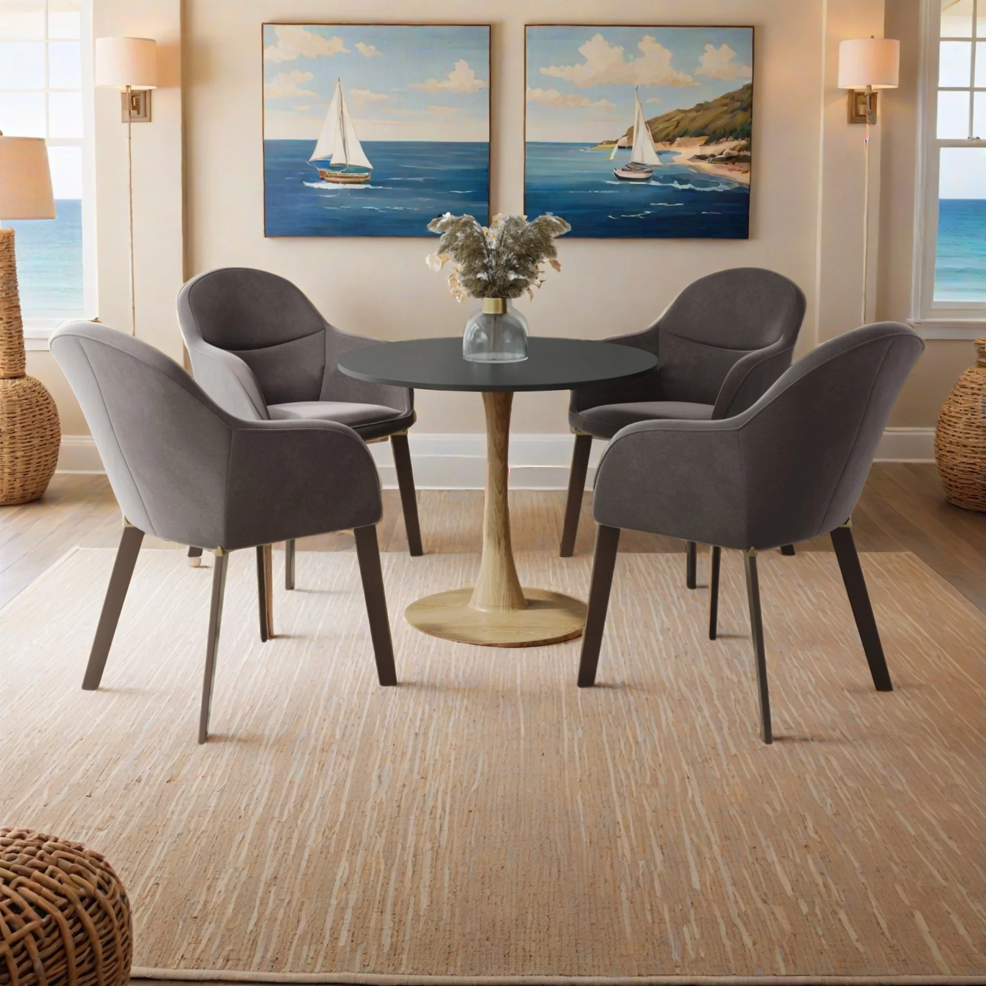 Bristol 35" Round Dining Table Wood Transfer Natural Base with MDF Black Top