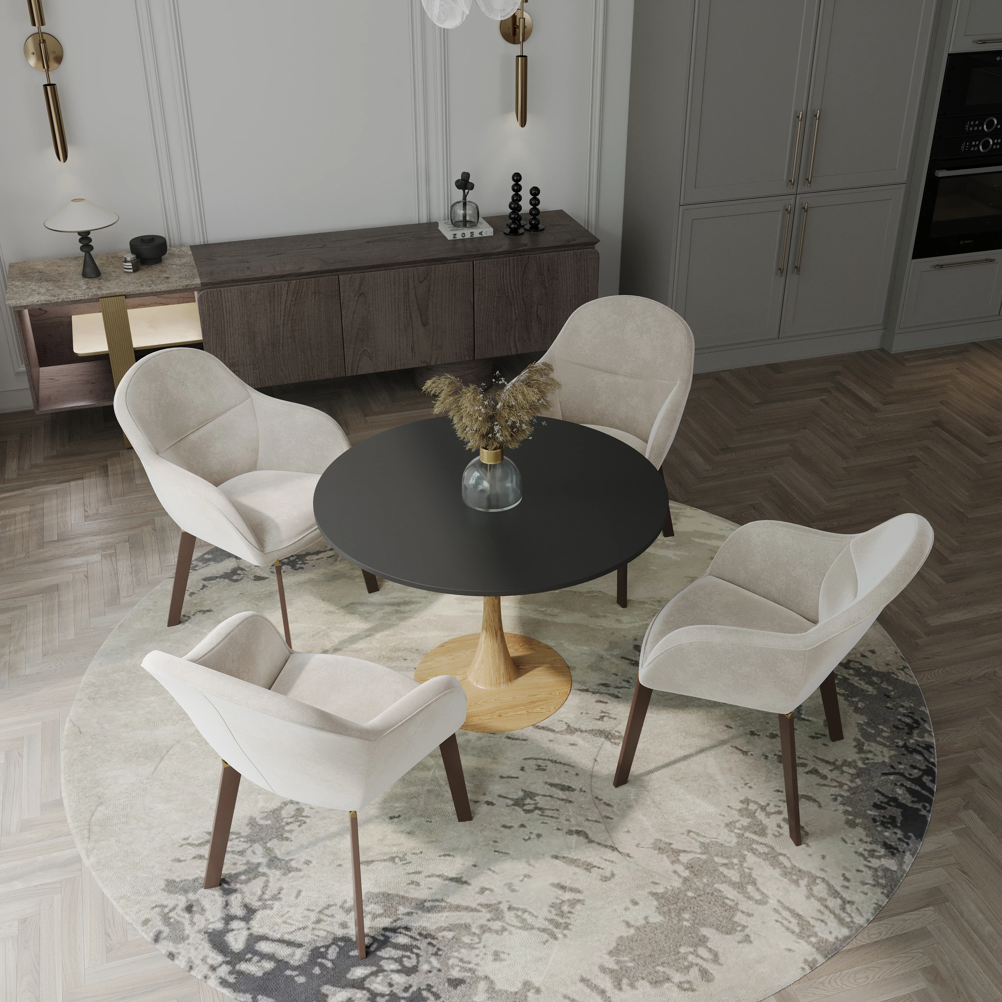 Bristol 35" Round Dining Table Wood Transfer Natural Base with MDF Black Top