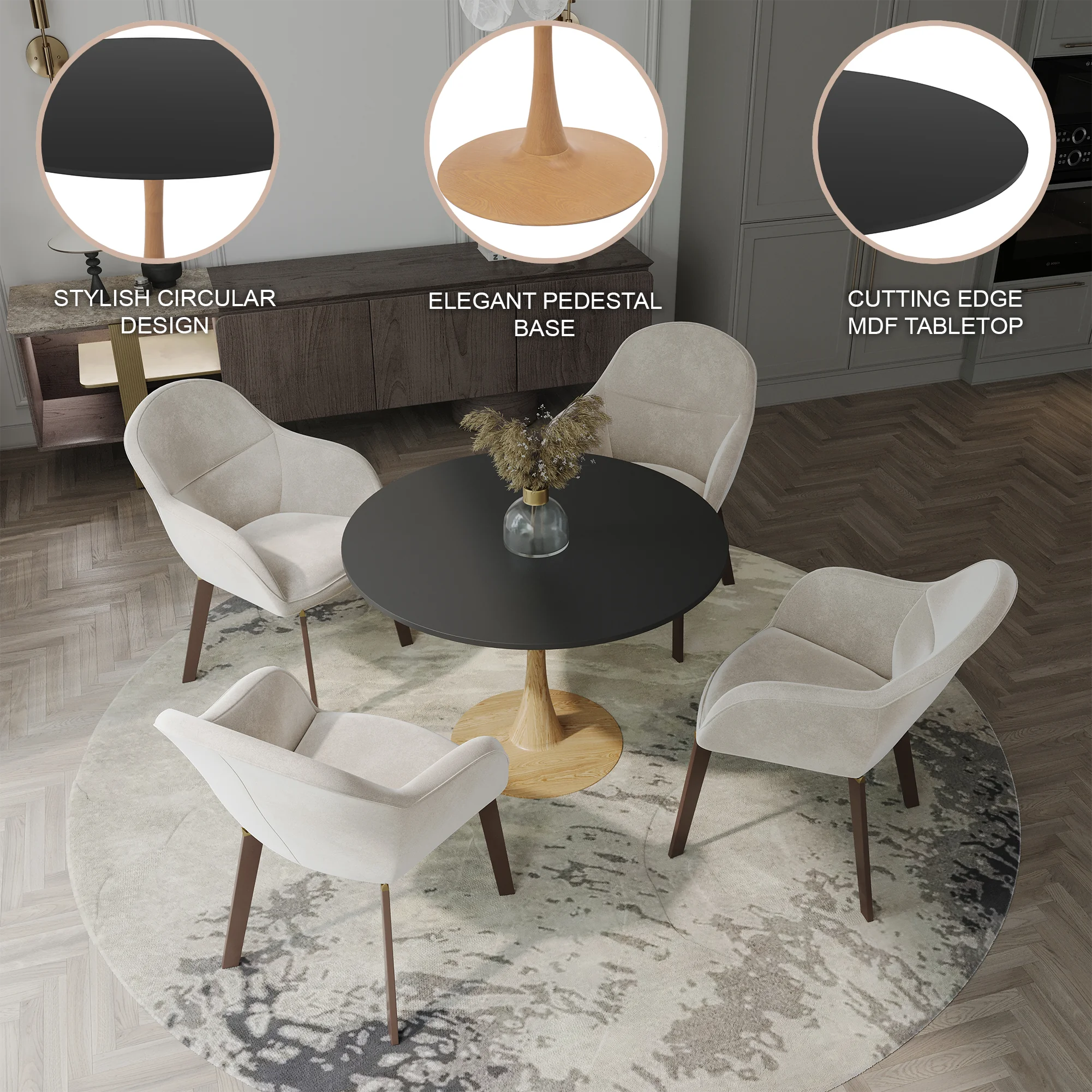 Bristol 35" Round Dining Table Wood Transfer Natural Base with MDF Black Top