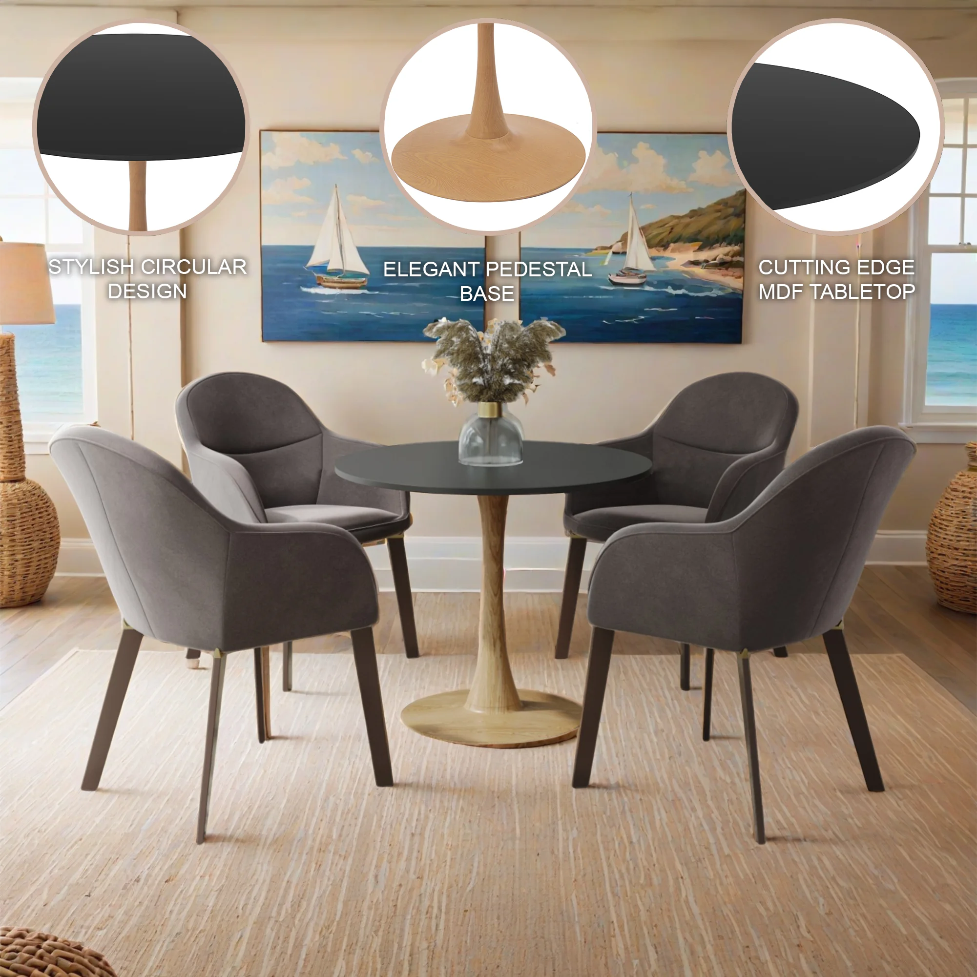 Bristol 35" Round Dining Table Wood Transfer Natural Base with MDF Black Top