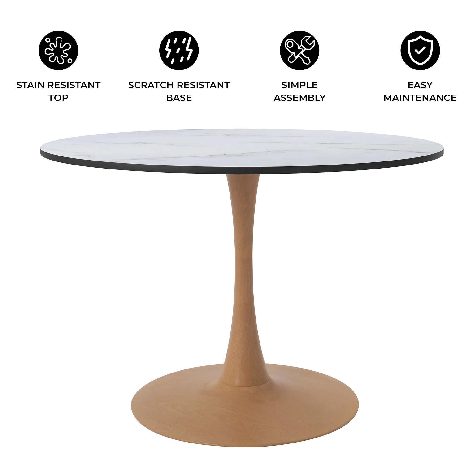 Bristol 35" Round Dining Table Wood Transfer Natural Base with MDF Marbled White Top