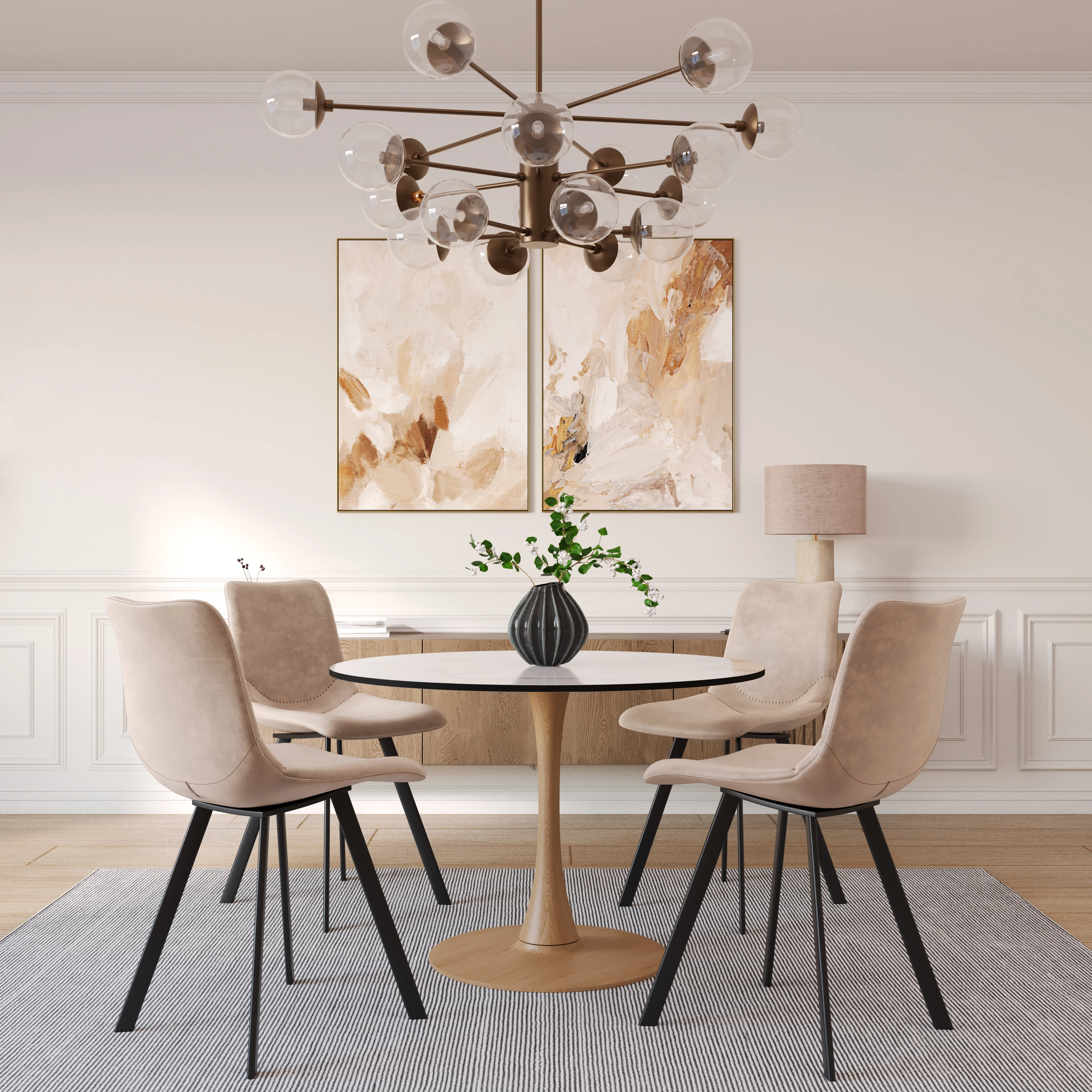 Bristol 35" Round Dining Table Wood Transfer Natural Base with MDF Marbled White Top