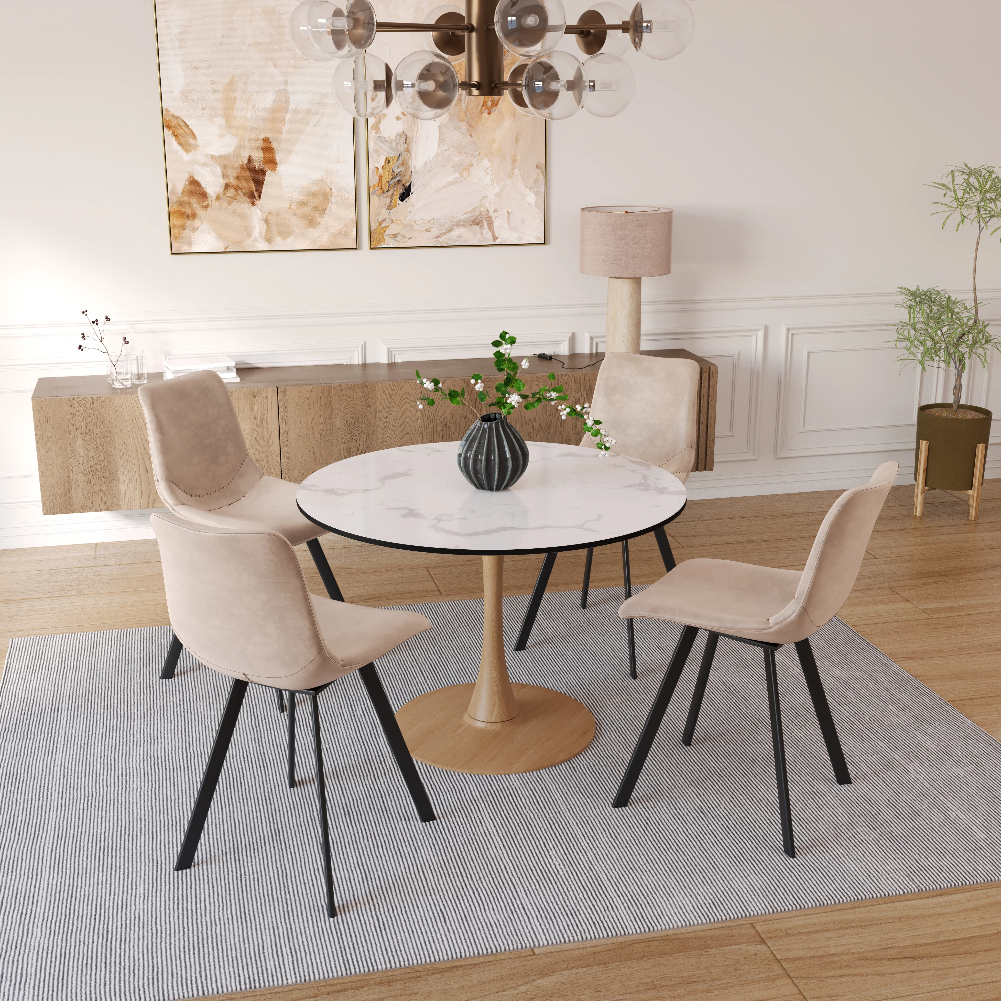 Bristol 35" Round Dining Table Wood Transfer Natural Base with MDF Marbled White Top