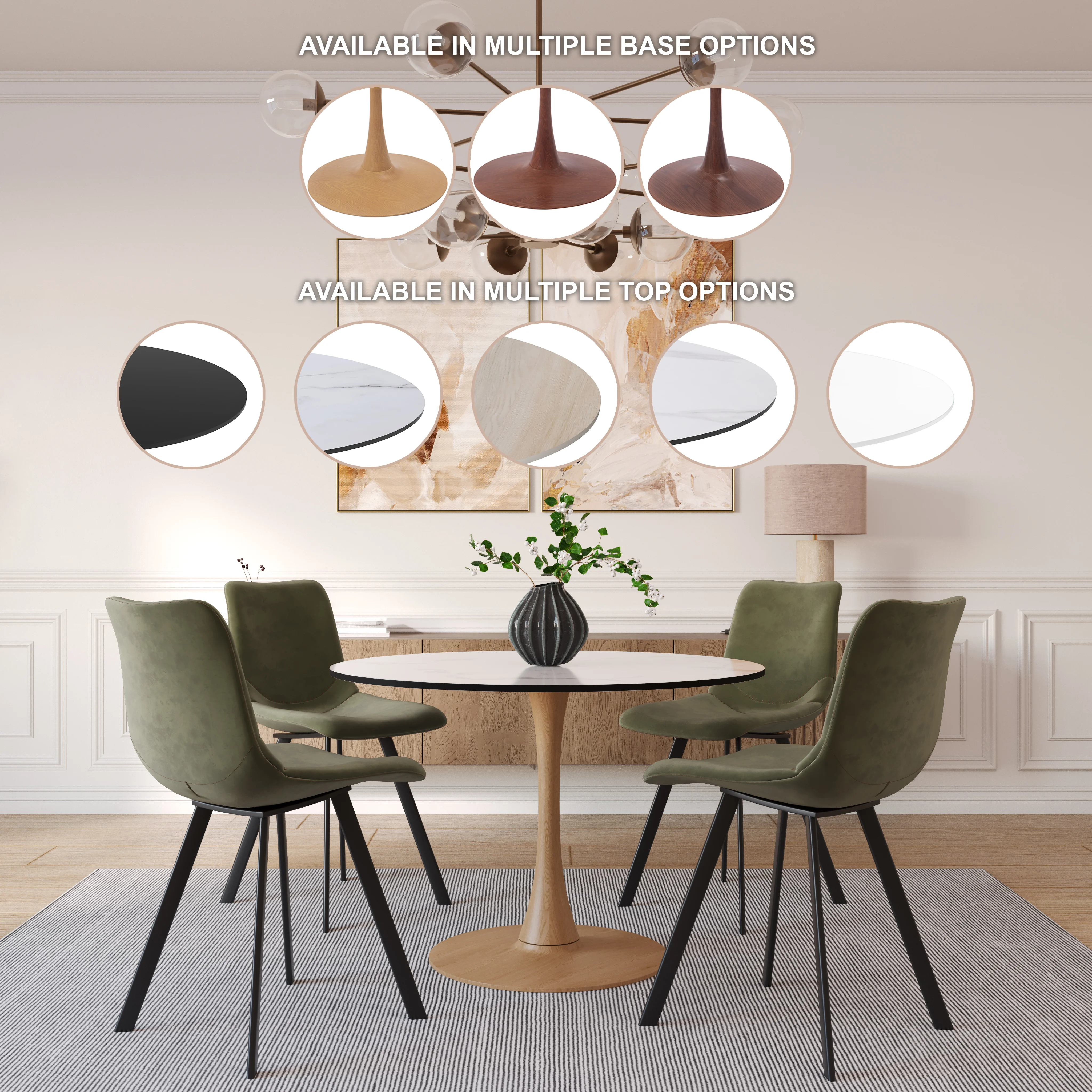 Bristol 35" Round Dining Table Wood Transfer Natural Base with MDF Marbled White Top