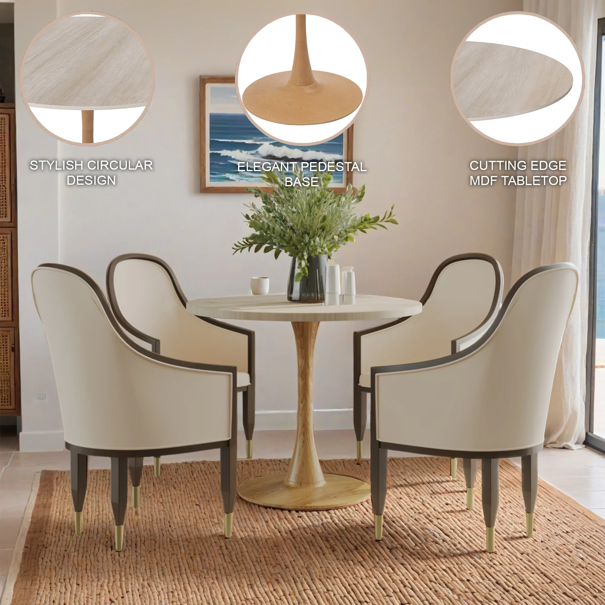 Bristol 35" Round Dining Table Wood Transfer Natural Base with MDF Natural Wood Top