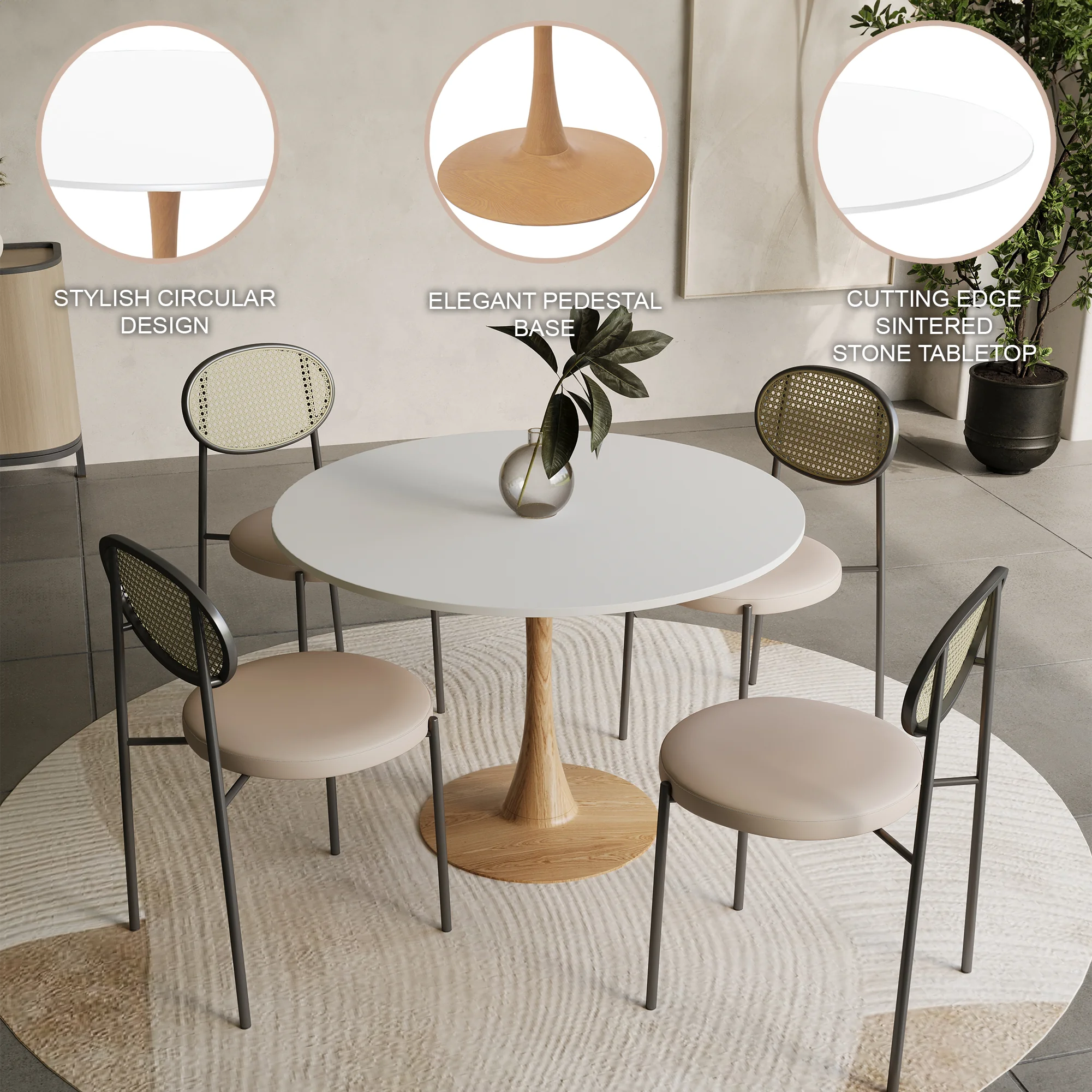 Bristol 35" Round Dining Table Wood Transfer Natural Base with MDF White Top