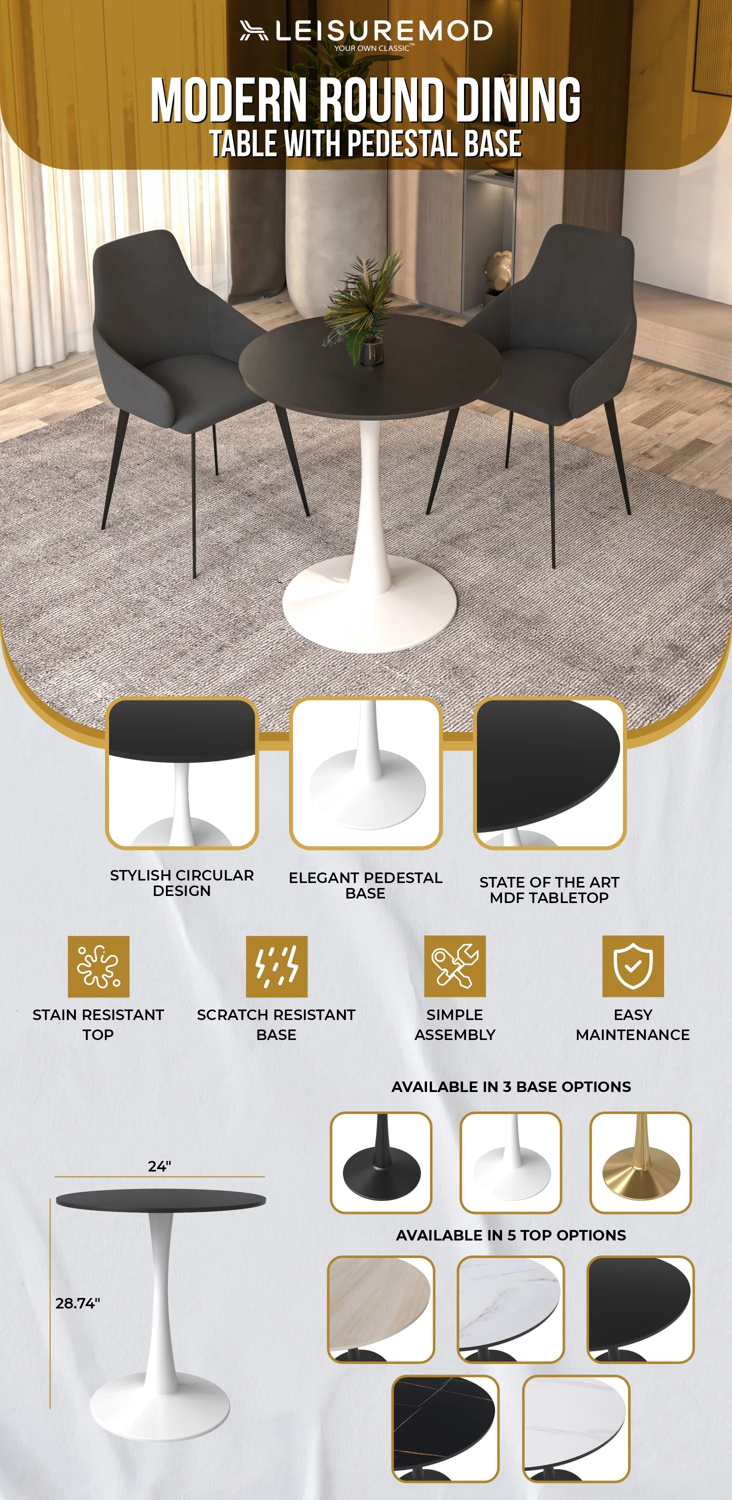 Leisyremod Bristol 24" Round Dining Table White base with Black top