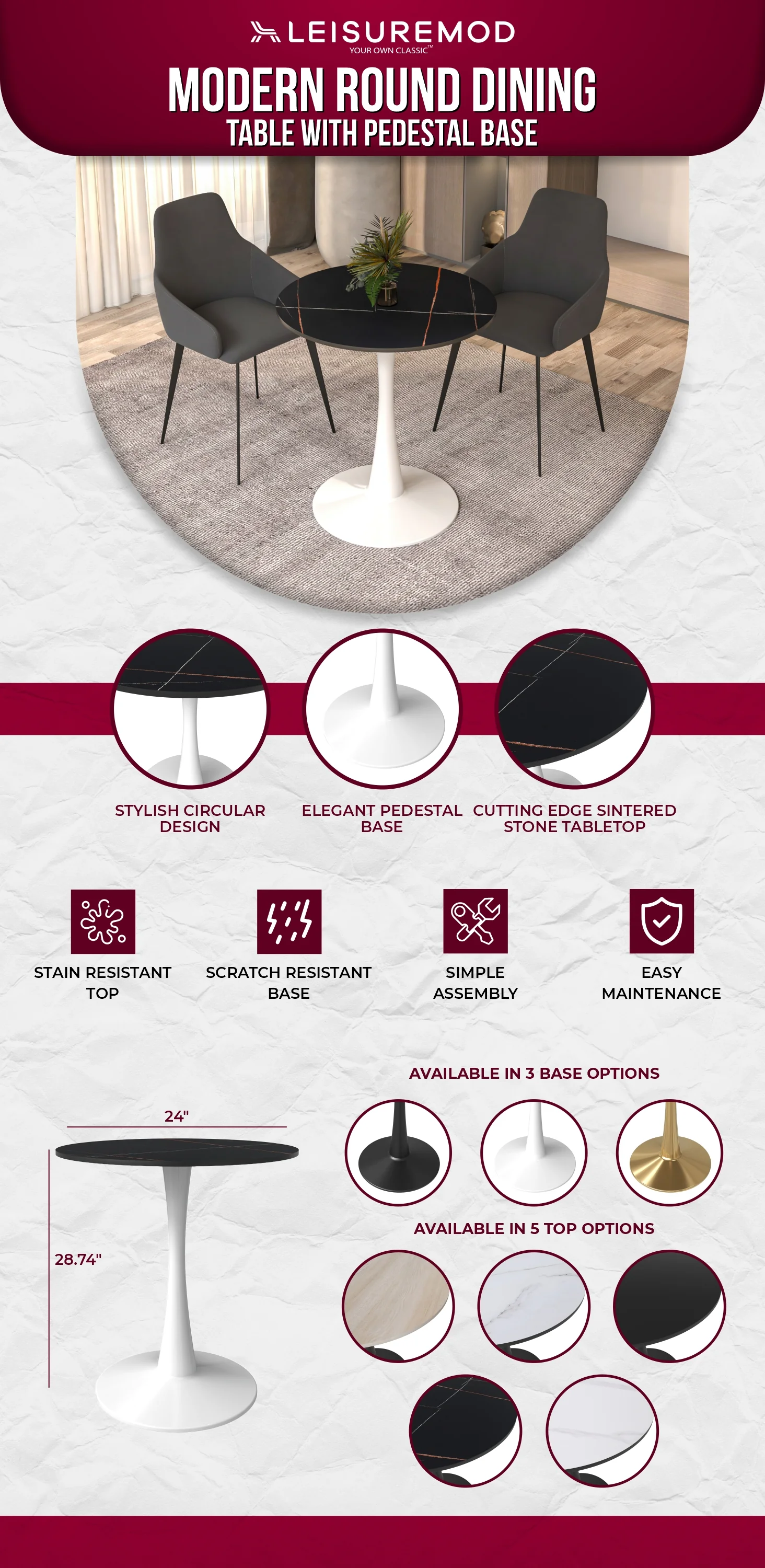 Bristol 24 round dining table White base with Black Sintered stone Top