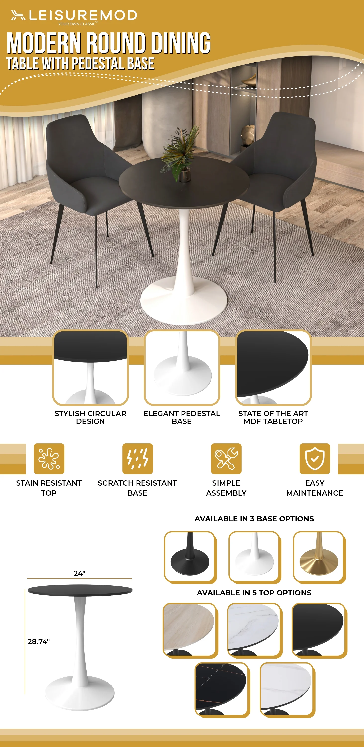 Leisyremod Bristol 27" Round Dining Table White base with Black top