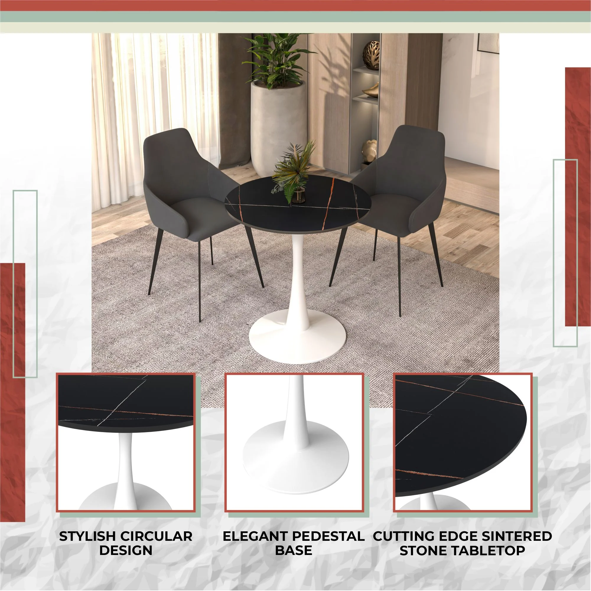 Bristol 27 round dining table White base with Black Sintered stone Top