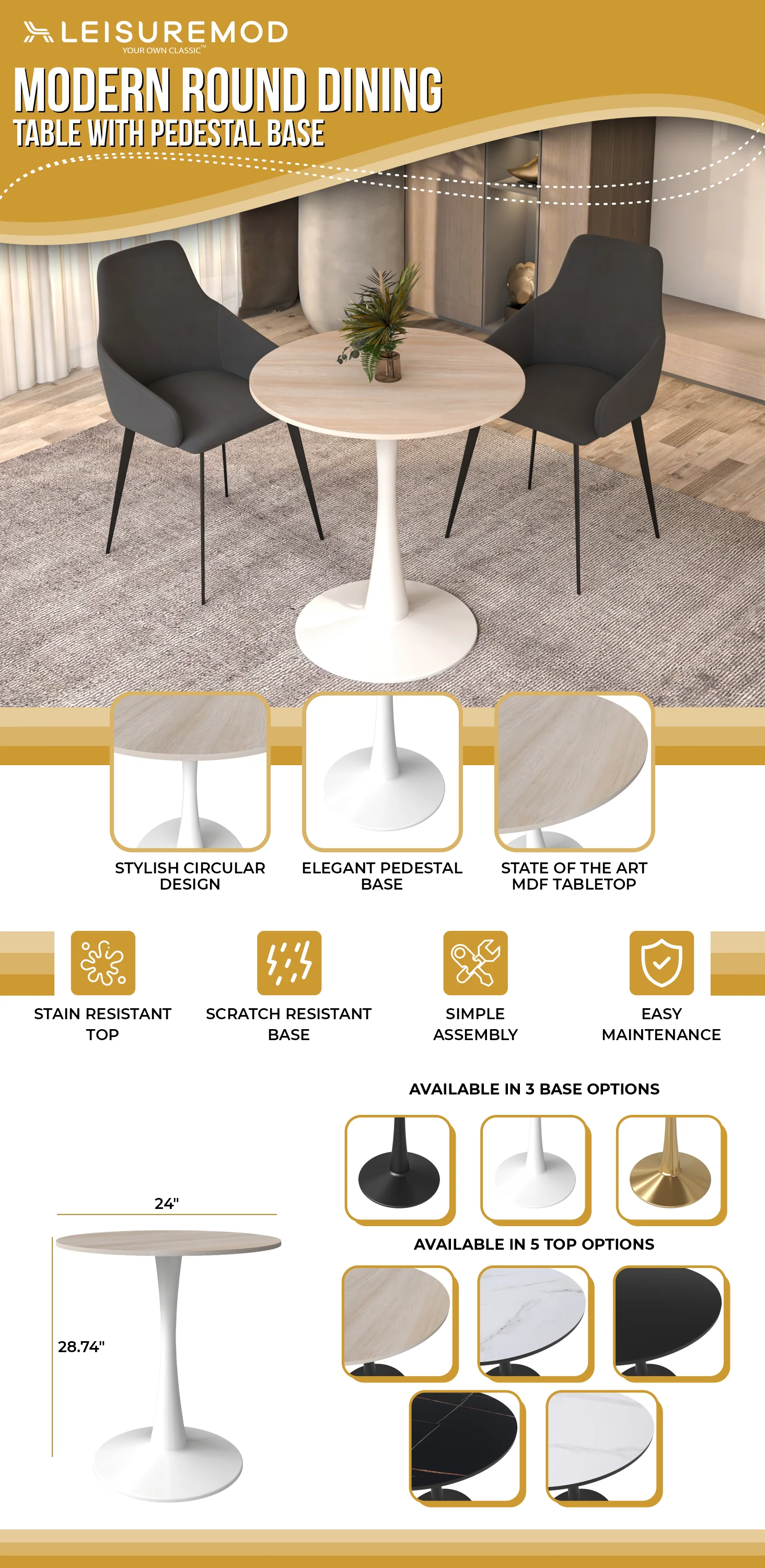 Bristol 27" round dining table White base with marbled MDF top