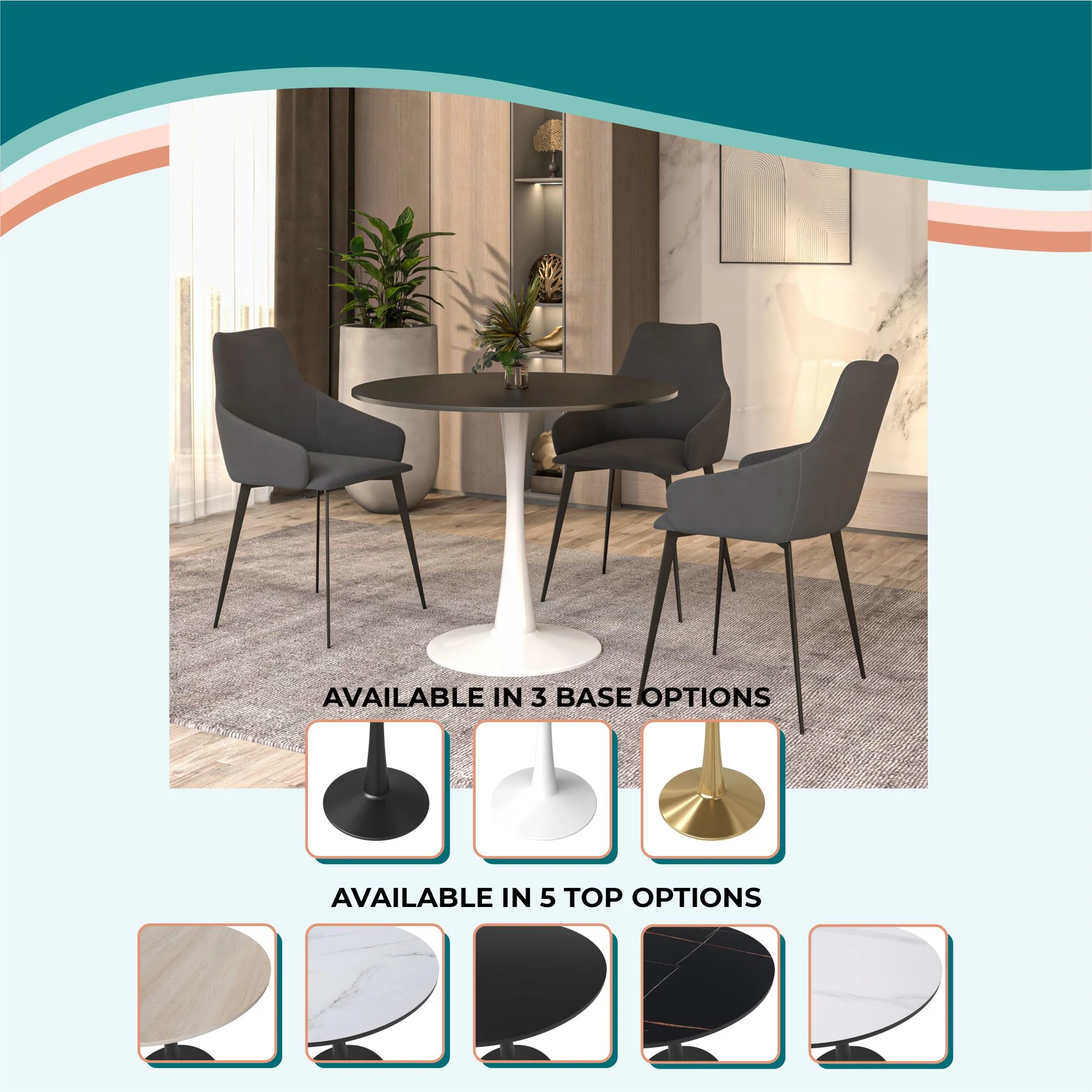 Bristol Mid-Century Modern Round Dining Table with a 31" Wood Top and Iron Pedestal Base with Gloss Finish for Kitchen and Dining Room