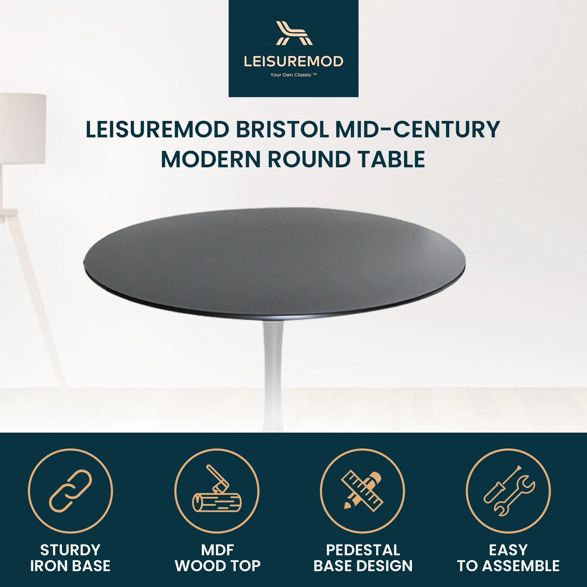 Bristol Mid-Century Modern Round Dining Table with a 31" Wood Top and Iron Pedestal Base with Gloss Finish for Kitchen and Dining Room