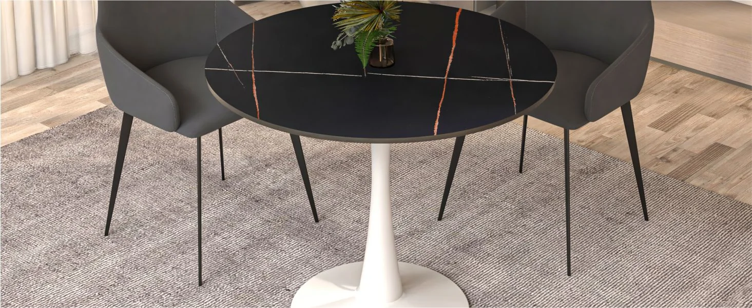 Bristol 31" round dining table White base with Black Sintered stone Top