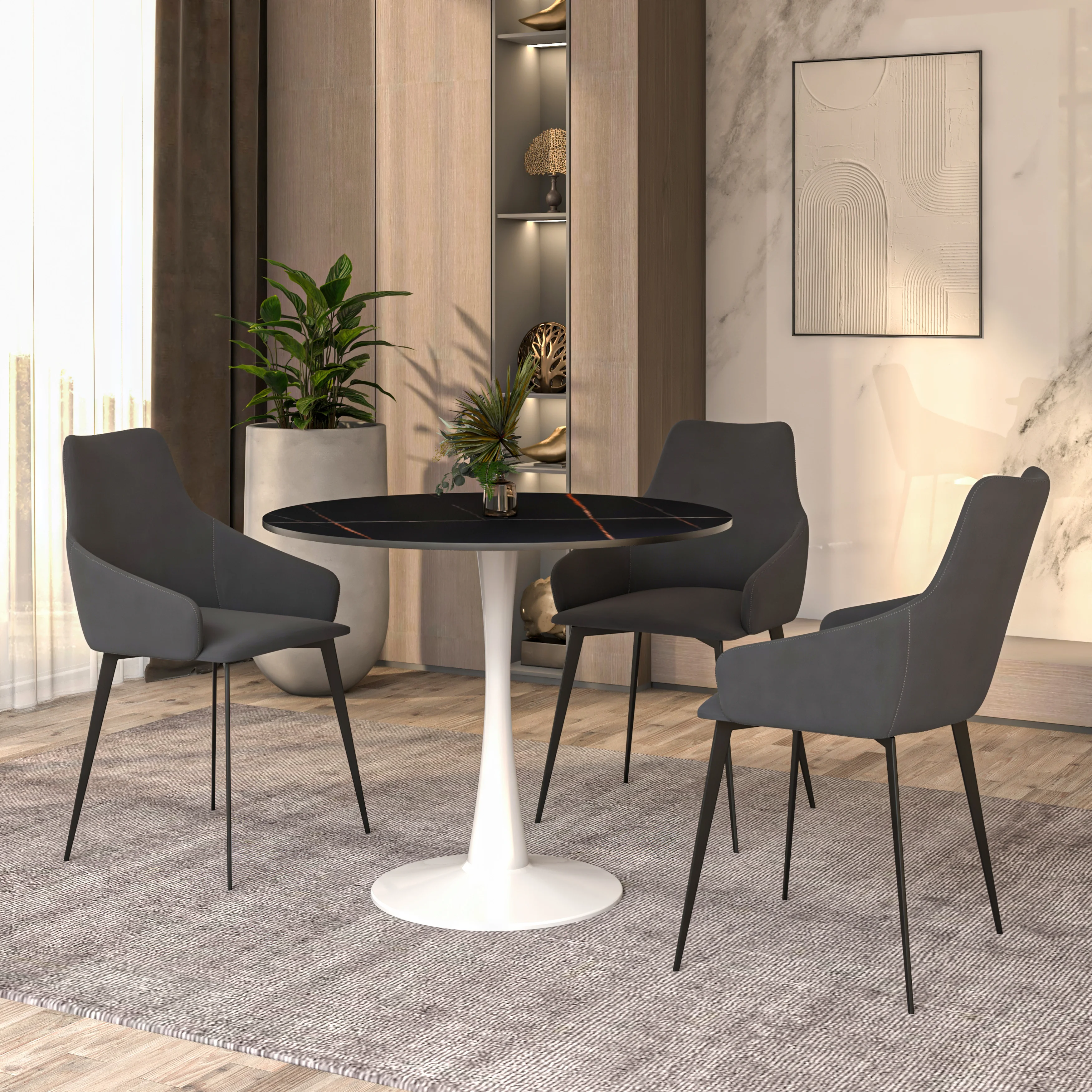 Bristol 31" round dining table White base with Black Sintered stone Top