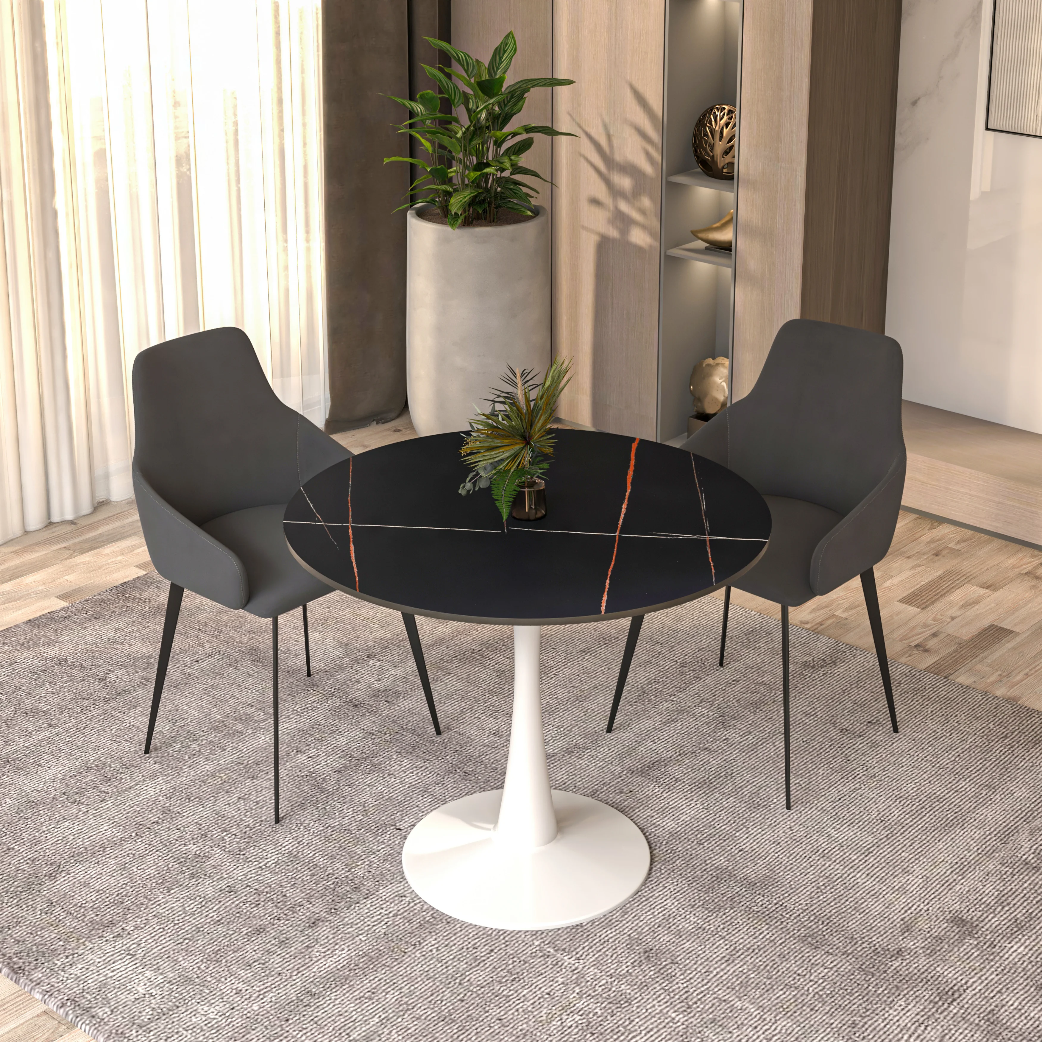 Bristol 31" round dining table White base with Black Sintered stone Top