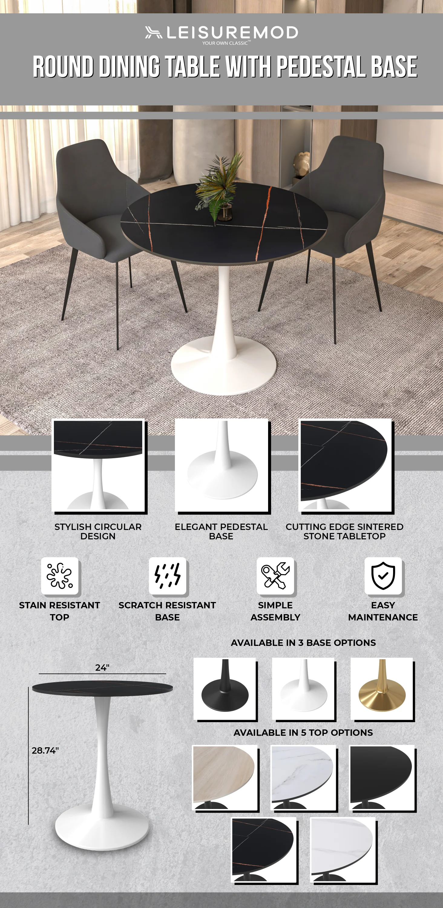 Bristol 31" round dining table White base with Black Sintered stone Top