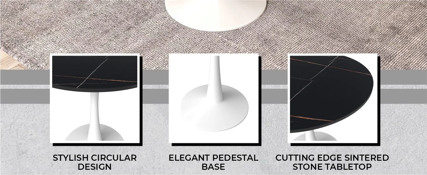 Bristol 31" round dining table White base with Black Sintered stone Top