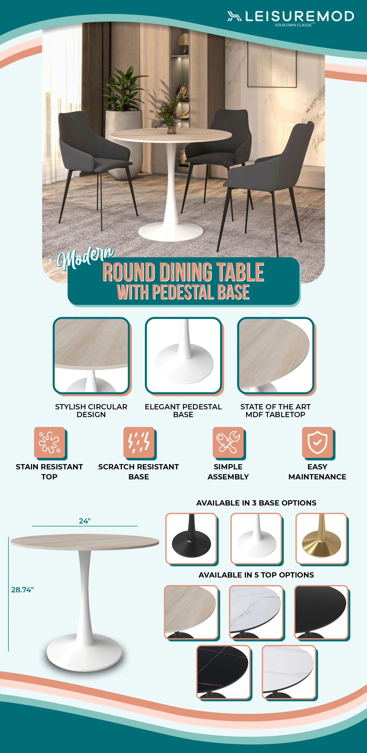 Bristol 31" round dining table White base with marbled MDF top