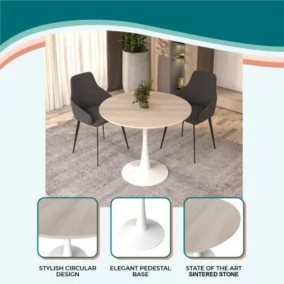 Bristol 31" Round Dining Table White Base with Sintered Stone Natural Wood Top