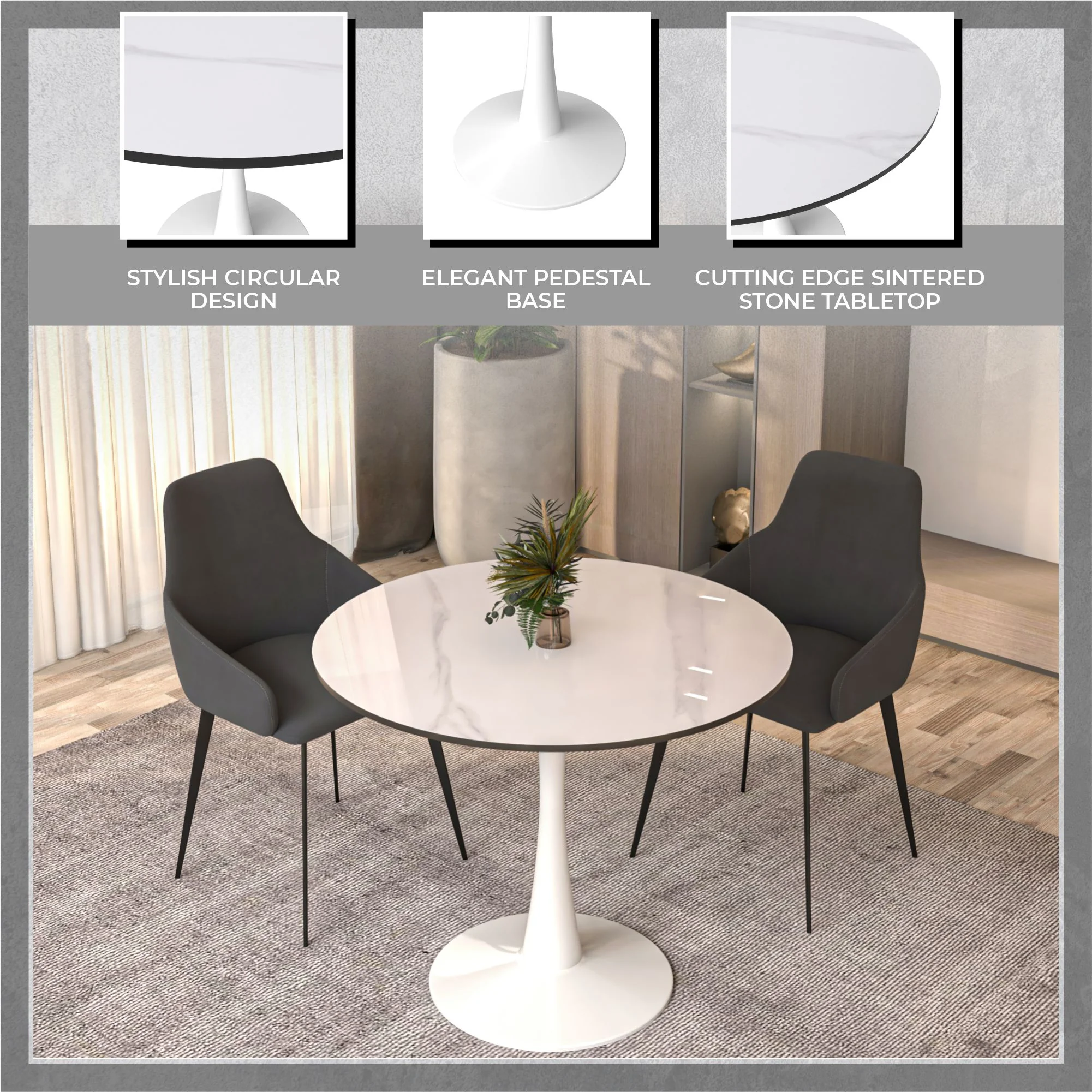 Bristol 31" round dining table White base with White Sintered stone Top