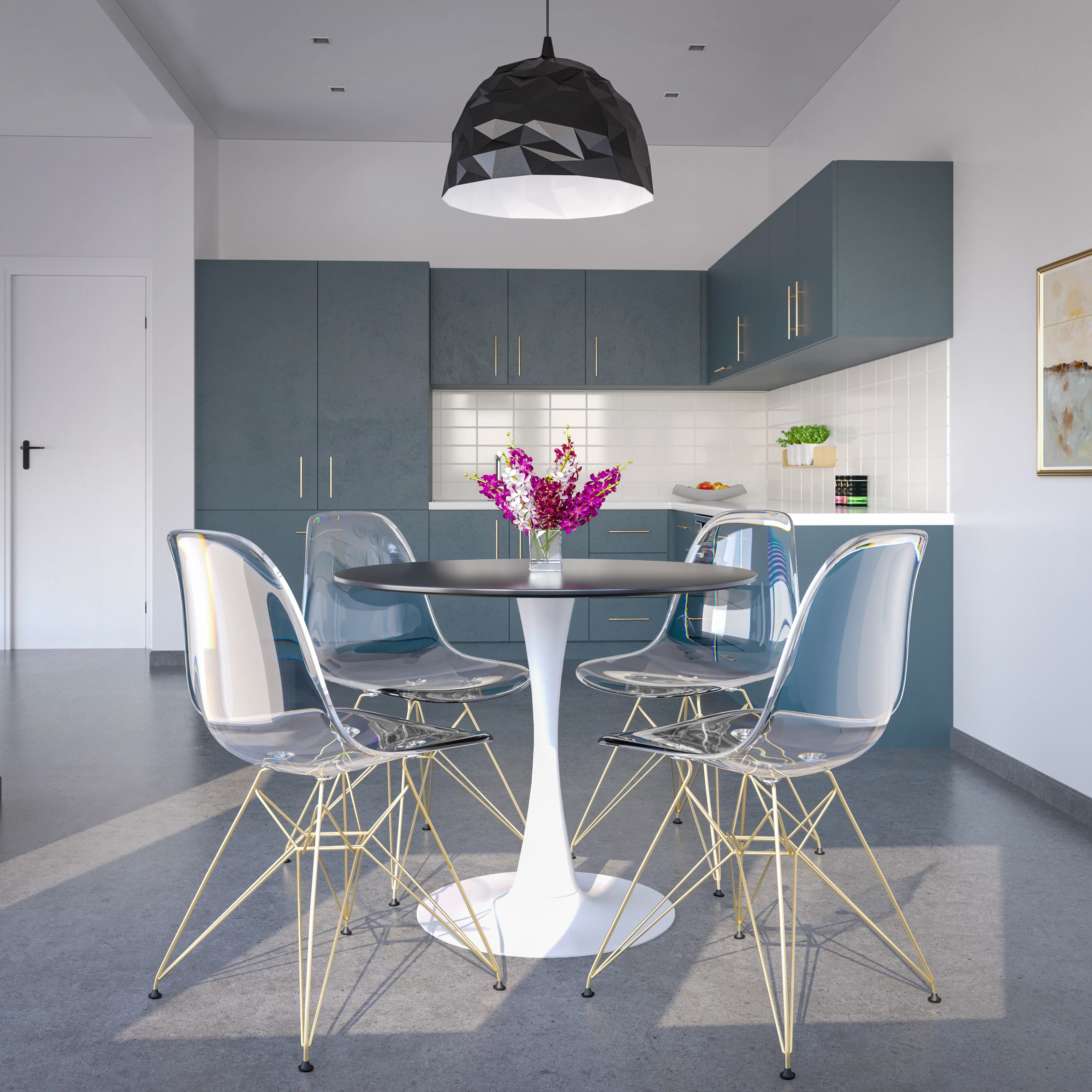 5-Piece Dining Set with 35" Round Dining Table in White Iron Pedestal Base and 4 ABS Plastic Side Chair with Gold Base, Clear