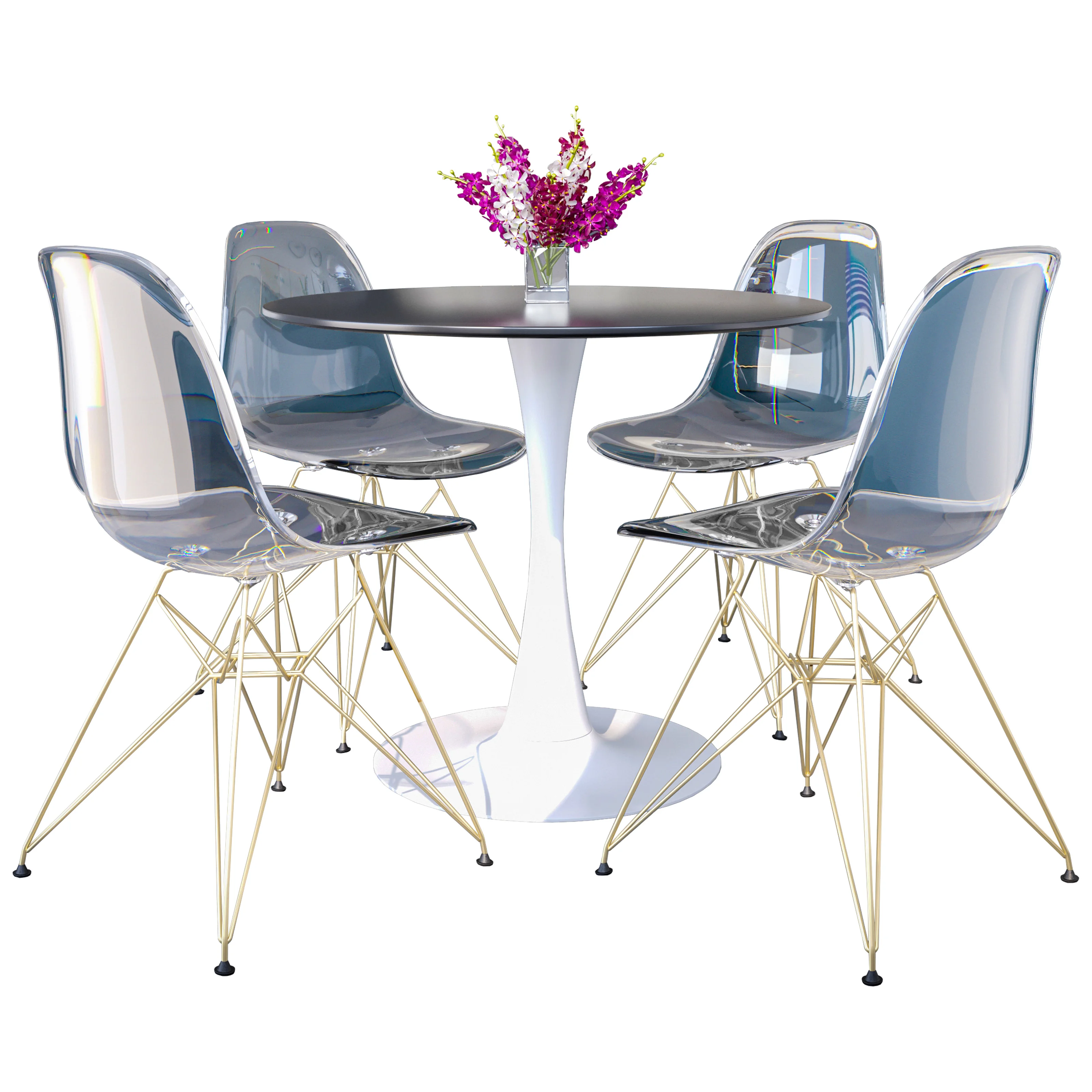 5-Piece Dining Set with 35" Round Dining Table in White Iron Pedestal Base and 4 ABS Plastic Side Chair with Gold Base, Clear