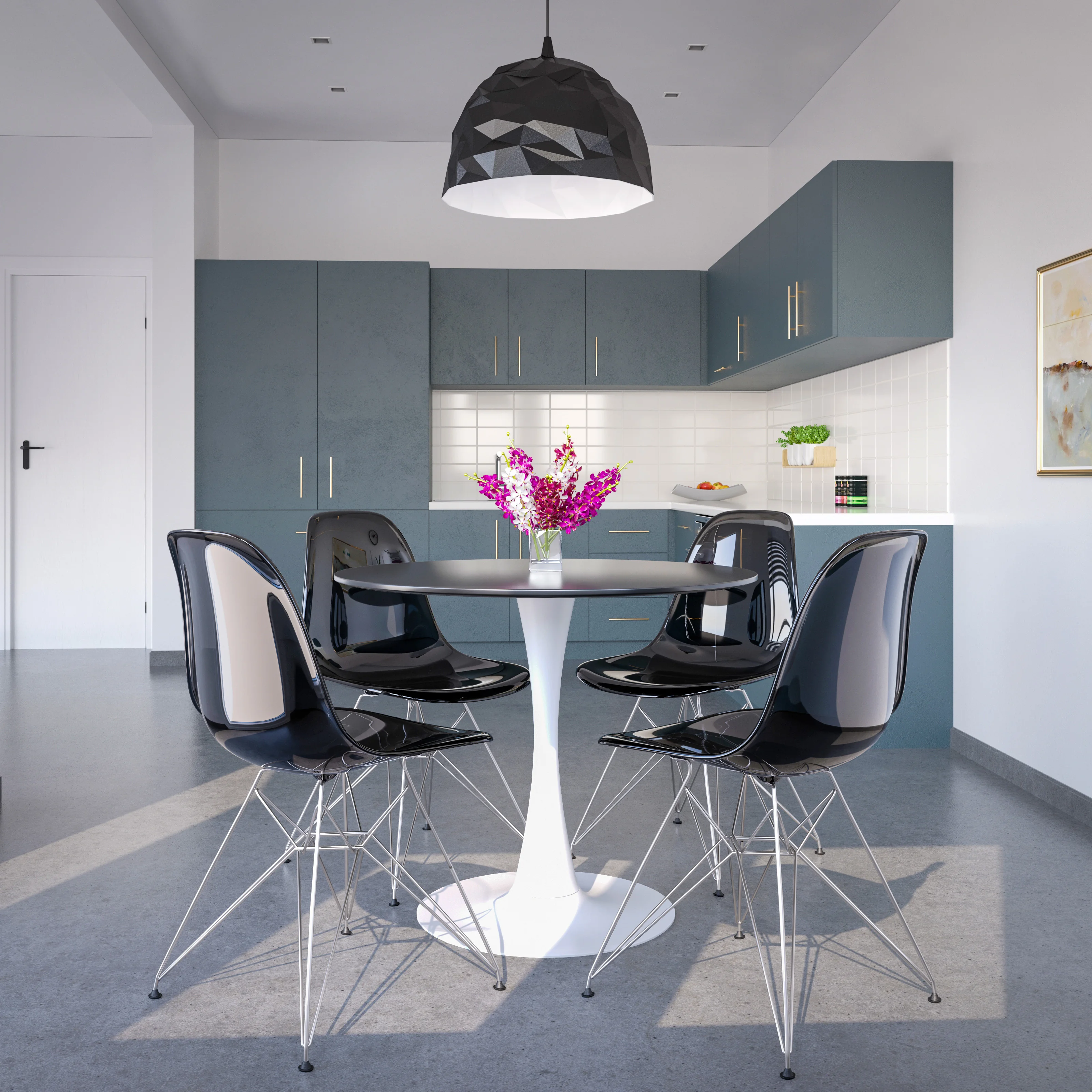 5-Piece Dining Set 35" Round Dining Table in White Iron - 4 ABS Plastic Side Chair in Chrome - Transparent Black