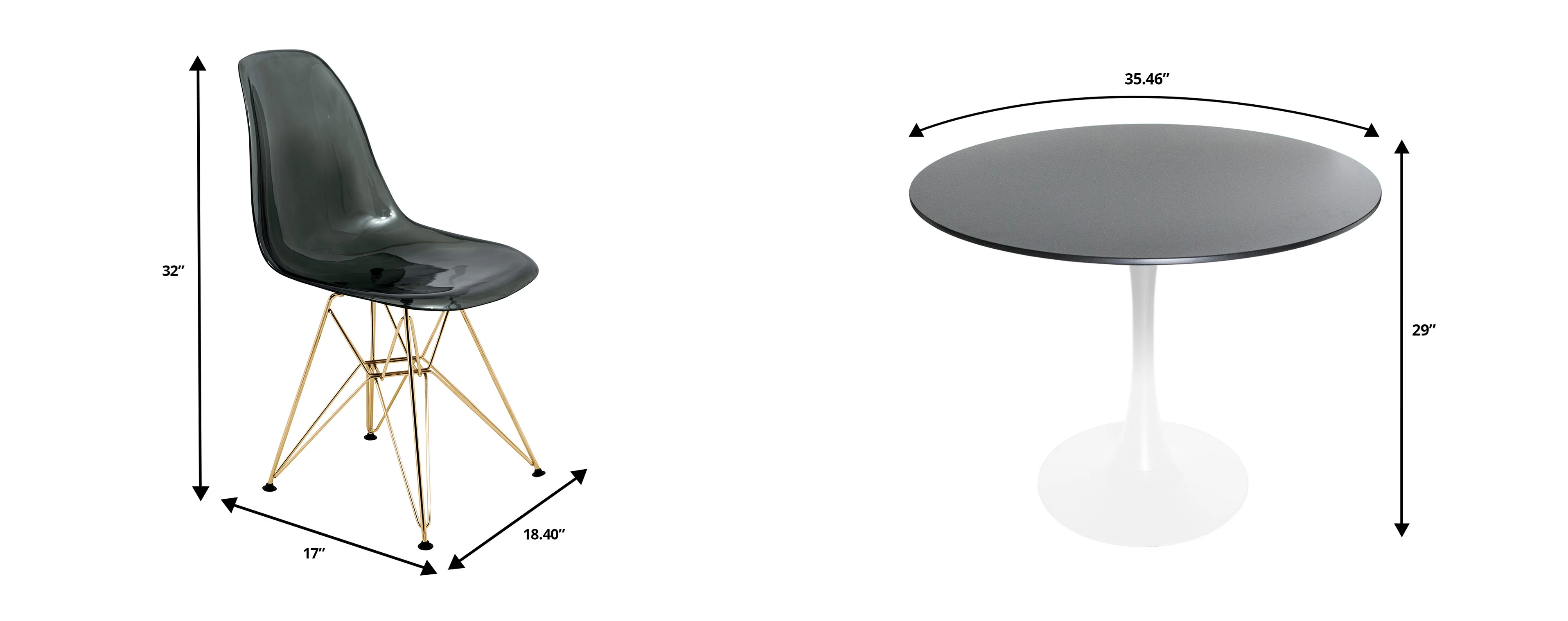 5-Piece Dining Set with 35" Round Dining Table in White Iron Pedestal Base and 4 ABS Plastic Side Chair with Gold Base, Transparent Black