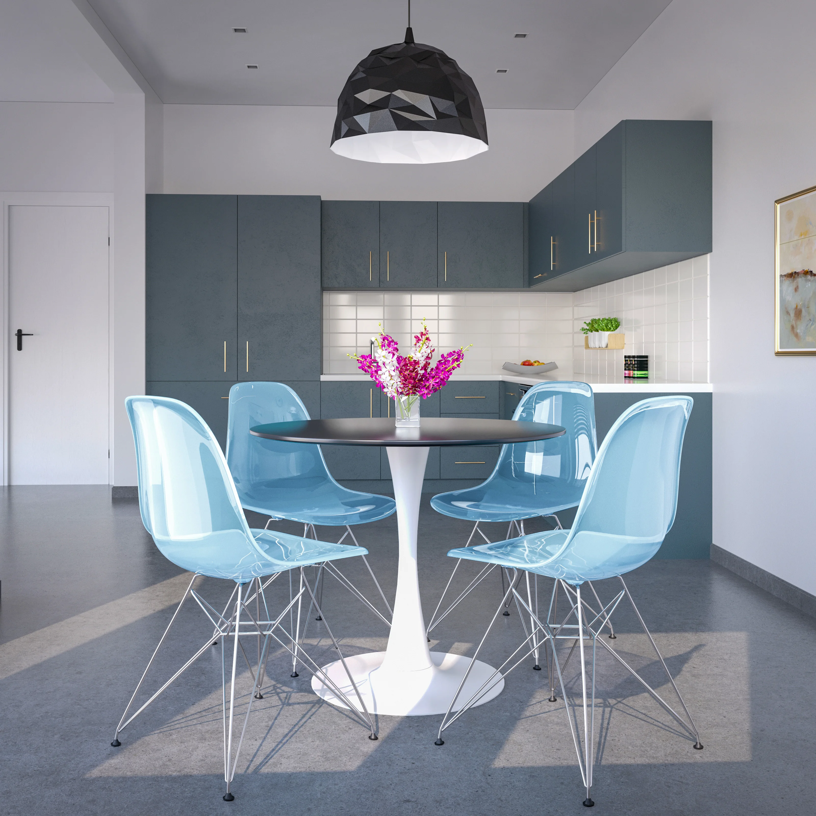 5-Piece Dining Set 35" Round Dining Table in White Iron - 4 ABS Plastic Side Chair in Chrome - Transparent Blue