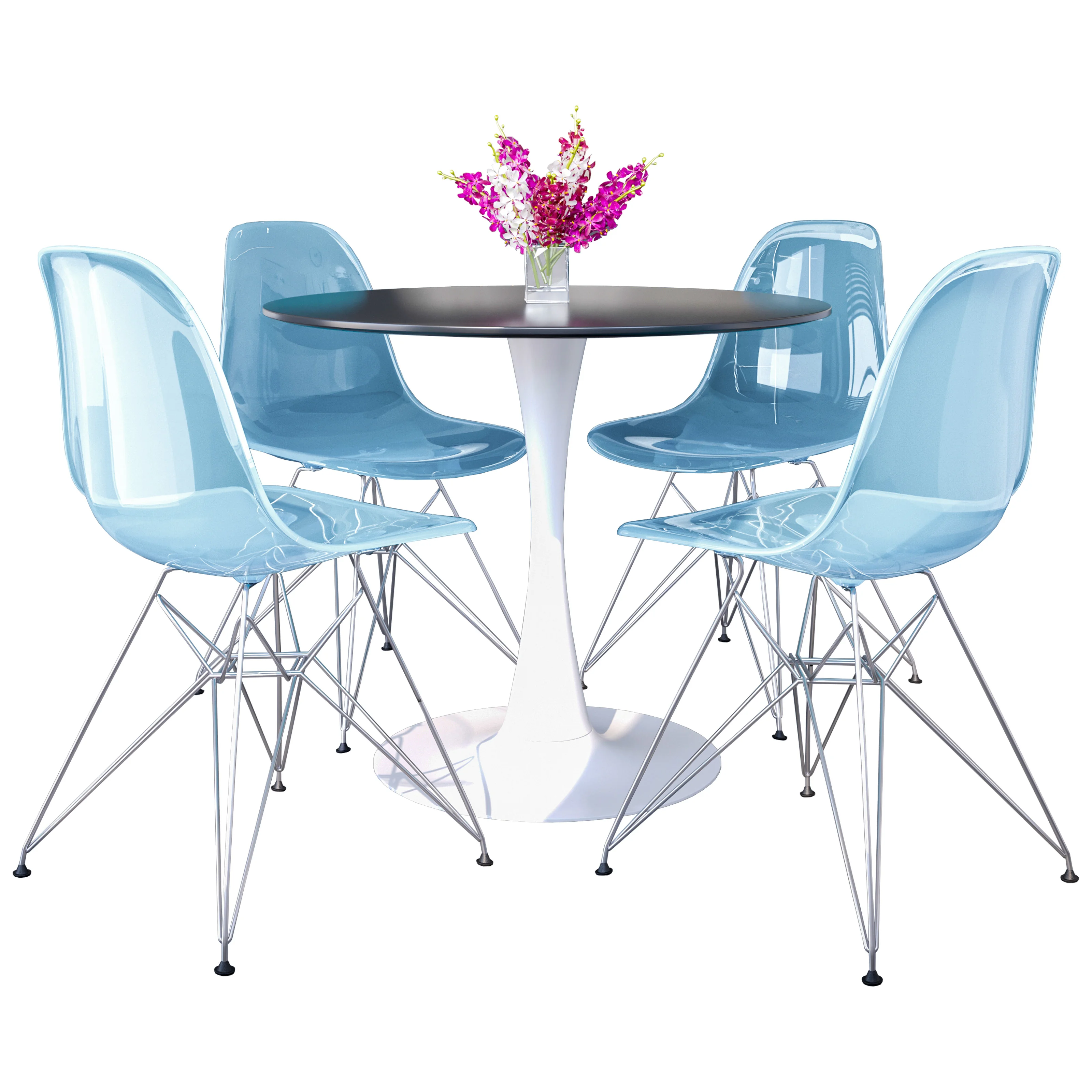 5-Piece Dining Set 35" Round Dining Table in White Iron - 4 ABS Plastic Side Chair in Chrome - Transparent Blue