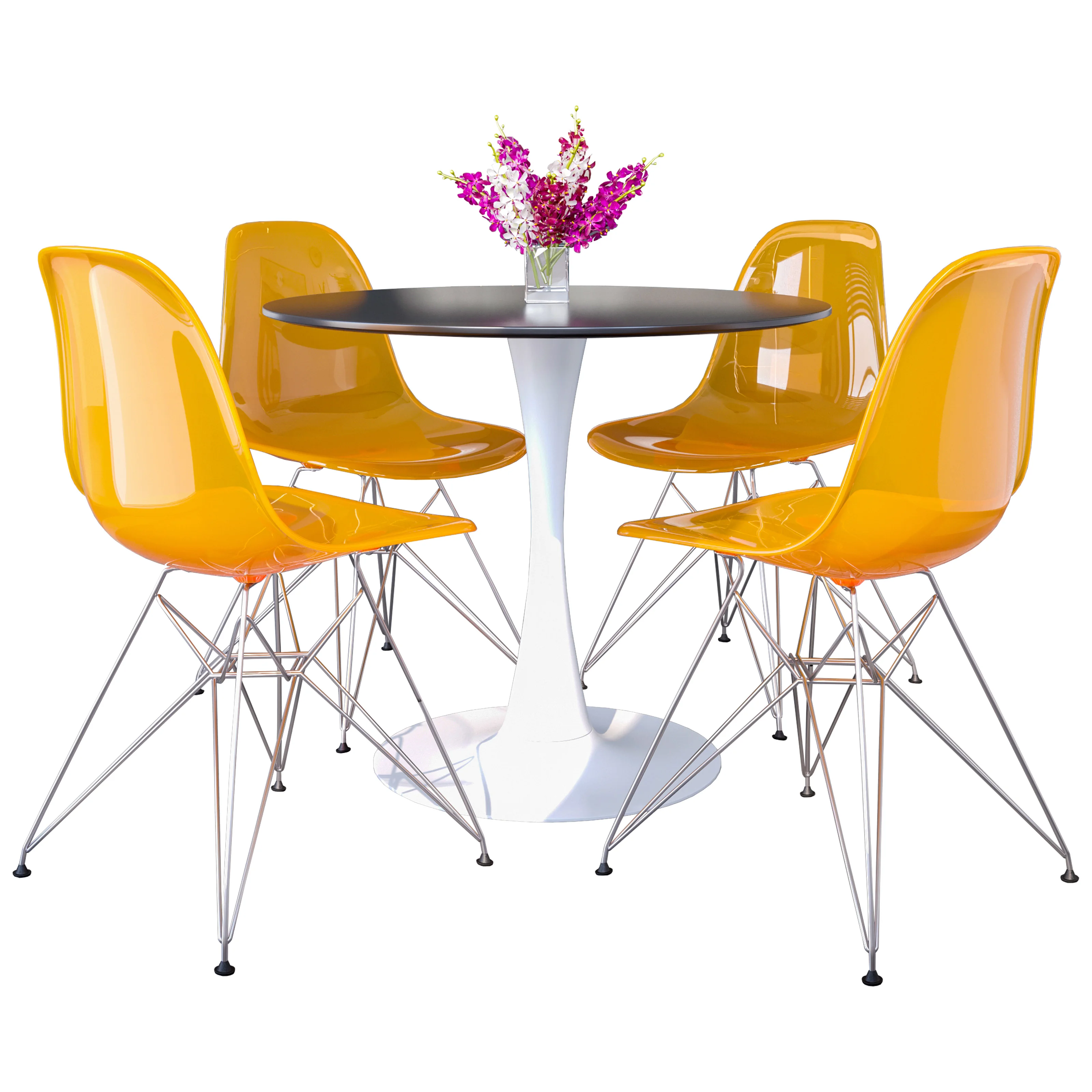 5-Piece Dining Set 35" Round Dining Table in White Iron - 4 ABS Plastic Side Chair in Chrome - Transparent Orange