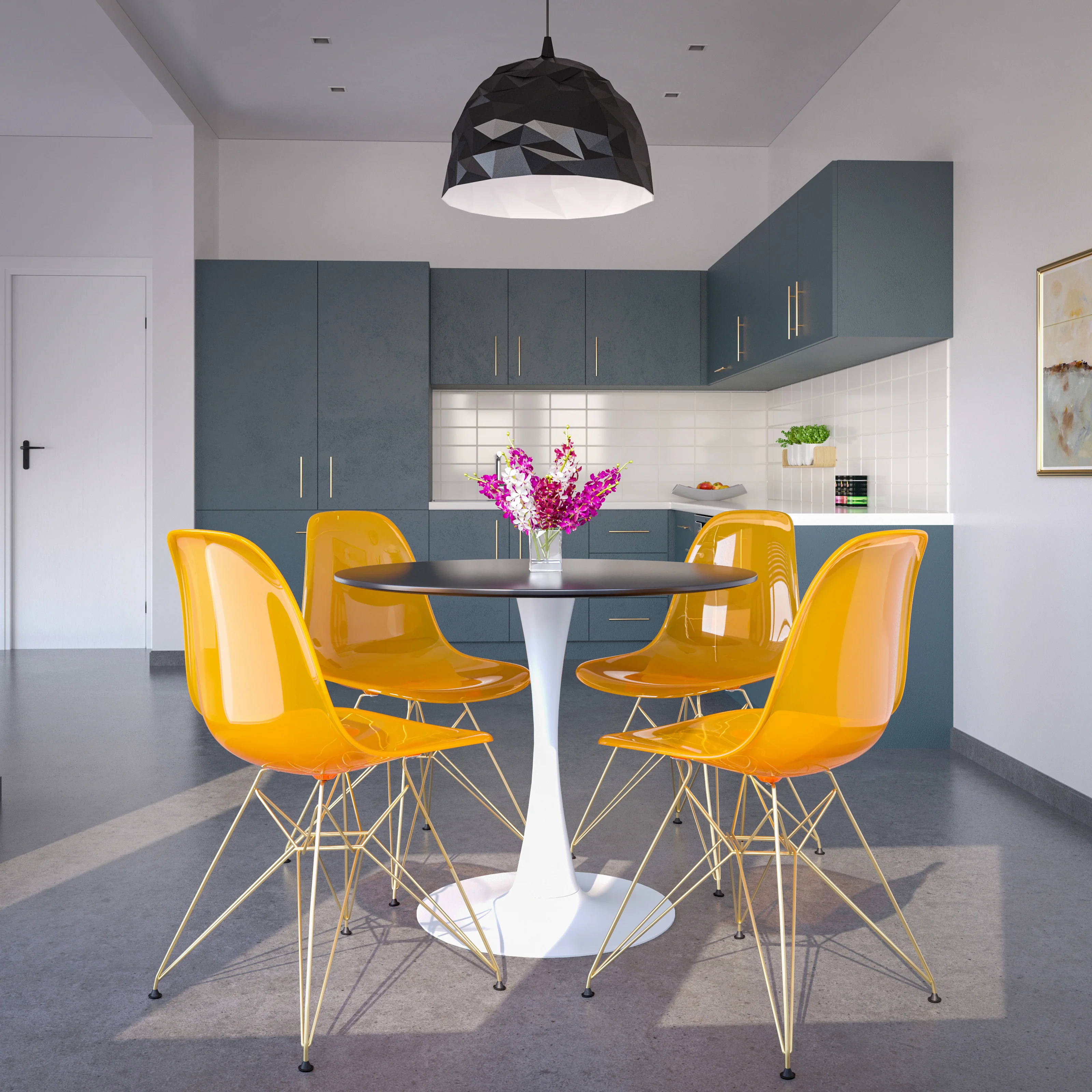 5-Piece Dining Set with 35" Round Dining Table in White Iron Pedestal Base and 4 ABS Plastic Side Chair with Gold Base, Transparent Orange