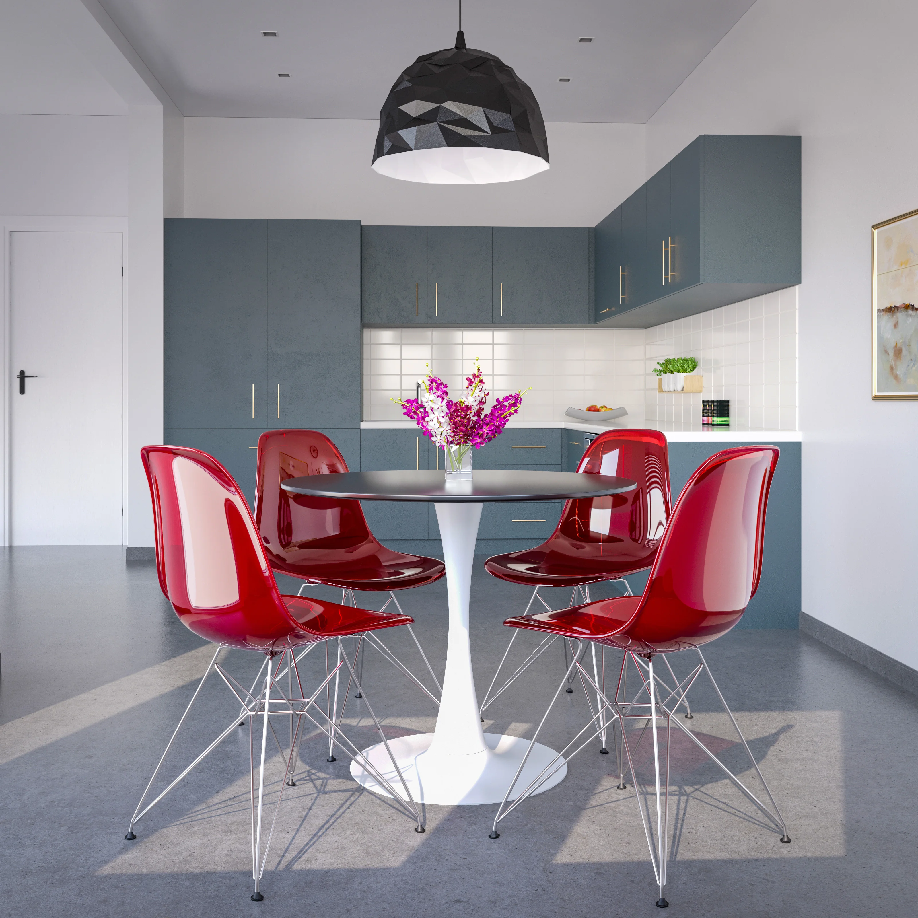 5-Piece Dining Set 35" Round Dining Table in White Iron - 4 ABS Plastic Side Chair in Chrome - Transparent Red