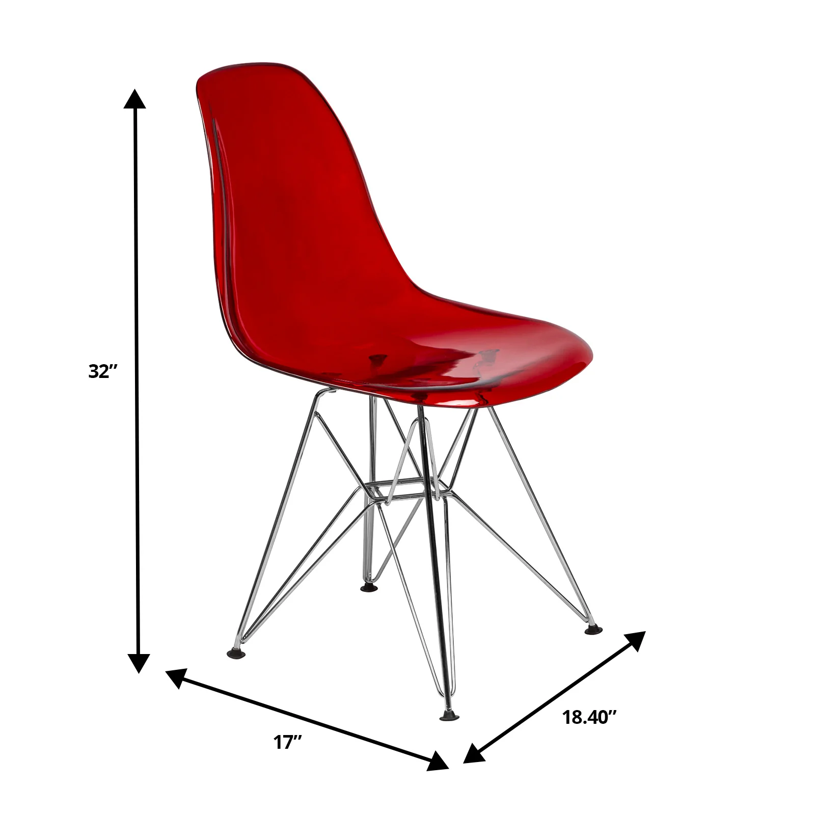 5-Piece Dining Set 35" Round Dining Table in White Iron - 4 ABS Plastic Side Chair in Chrome - Transparent Red