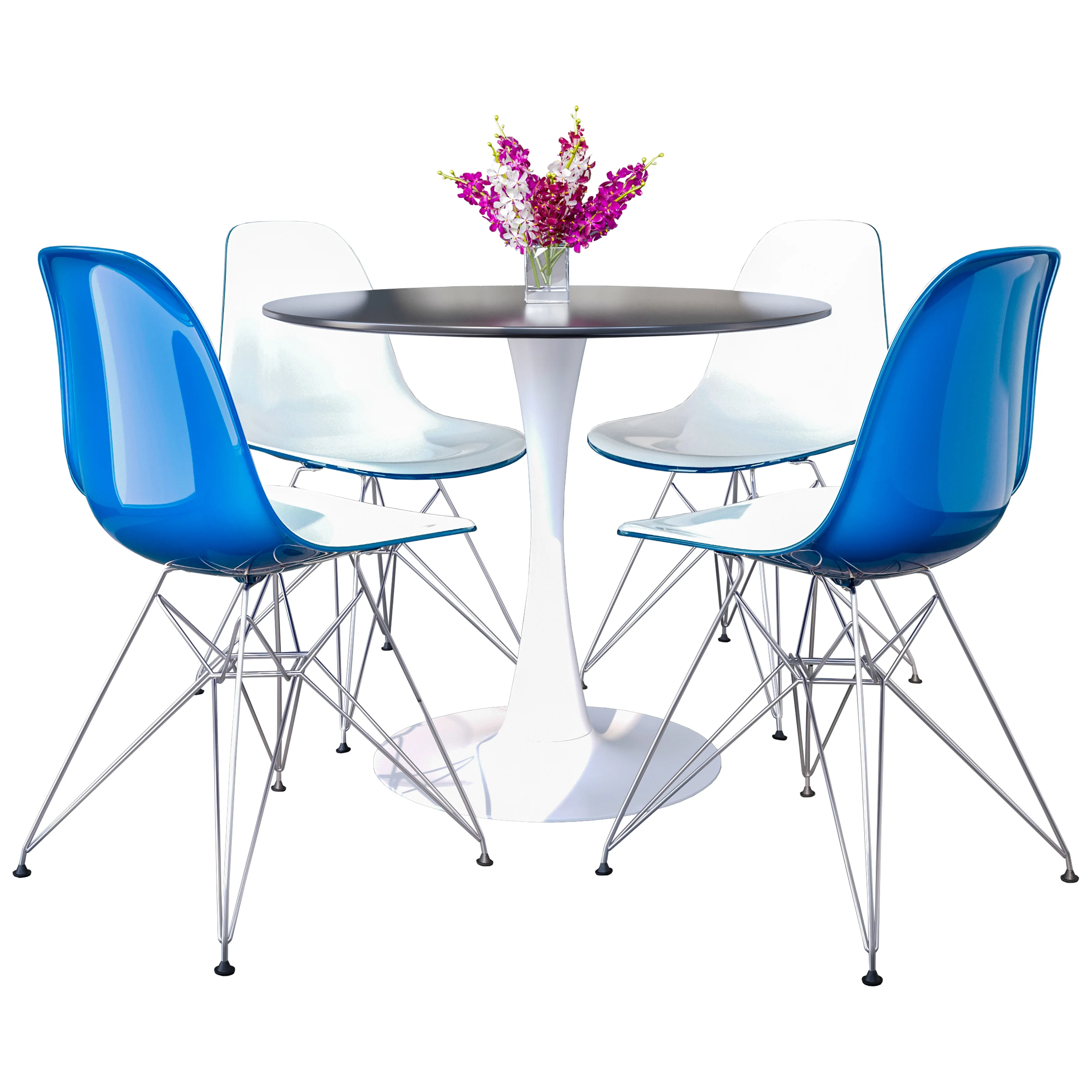 5-Piece Dining Set 35" Round Dining Table in White Iron - 4 ABS Plastic Side Chair in Chrome - White Blue