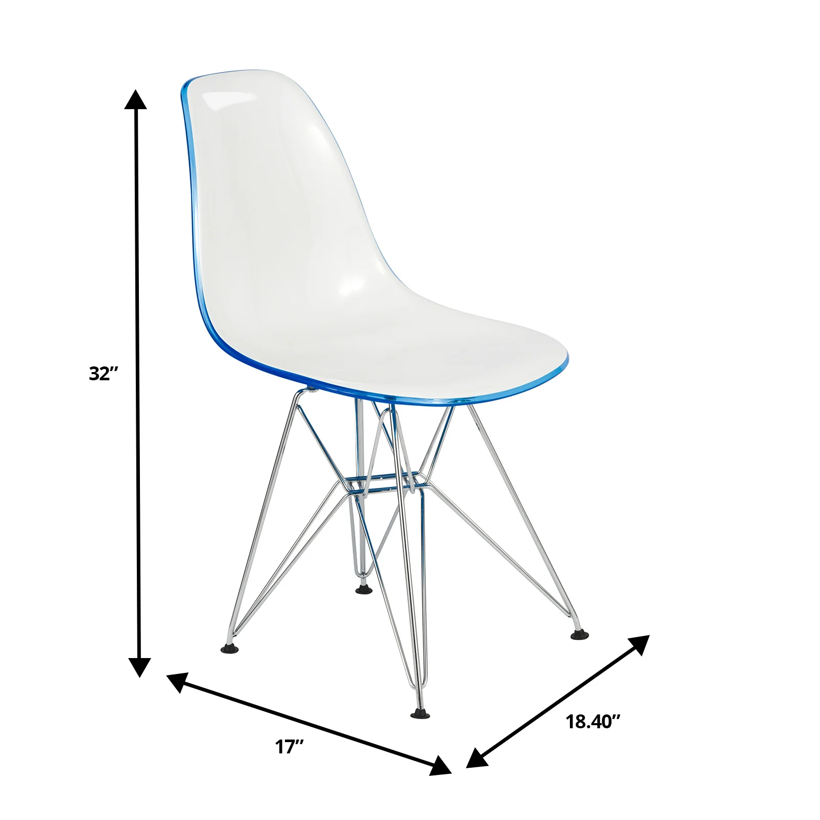 5-Piece Dining Set 35" Round Dining Table in White Iron - 4 ABS Plastic Side Chair in Chrome - White Blue