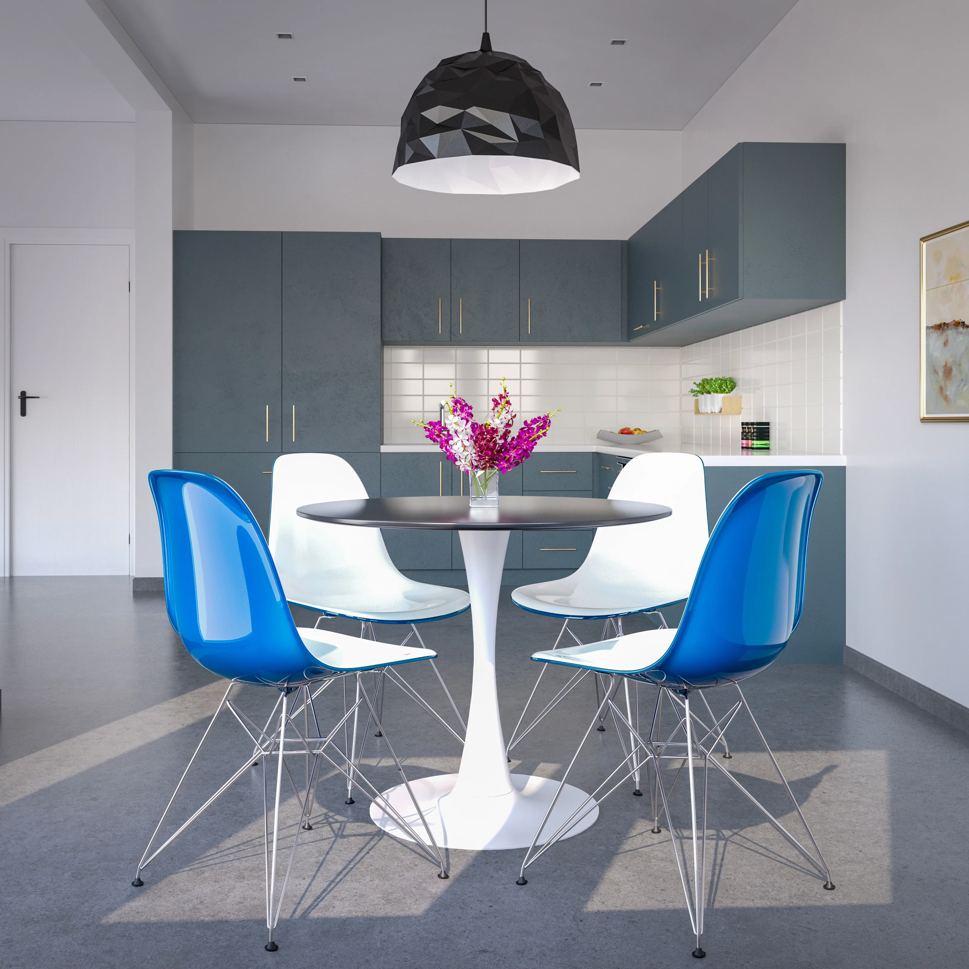 5-Piece Dining Set 35" Round Dining Table in White Iron - 4 ABS Plastic Side Chair in Chrome - White Blue