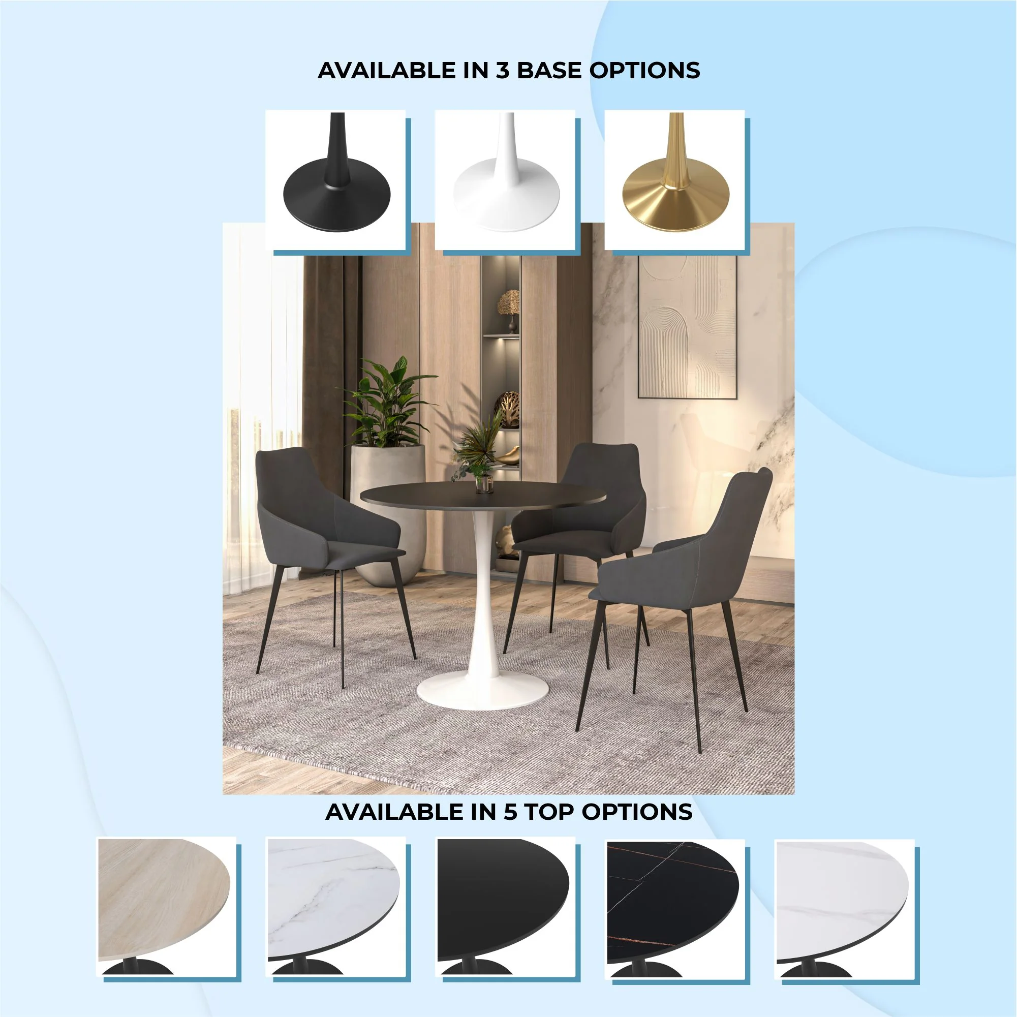 Bristol Mid-Century Modern Round Dining Table with Wood Top and Iron Pedestal Base with Gloss Finish for Kitchen and Dining Room